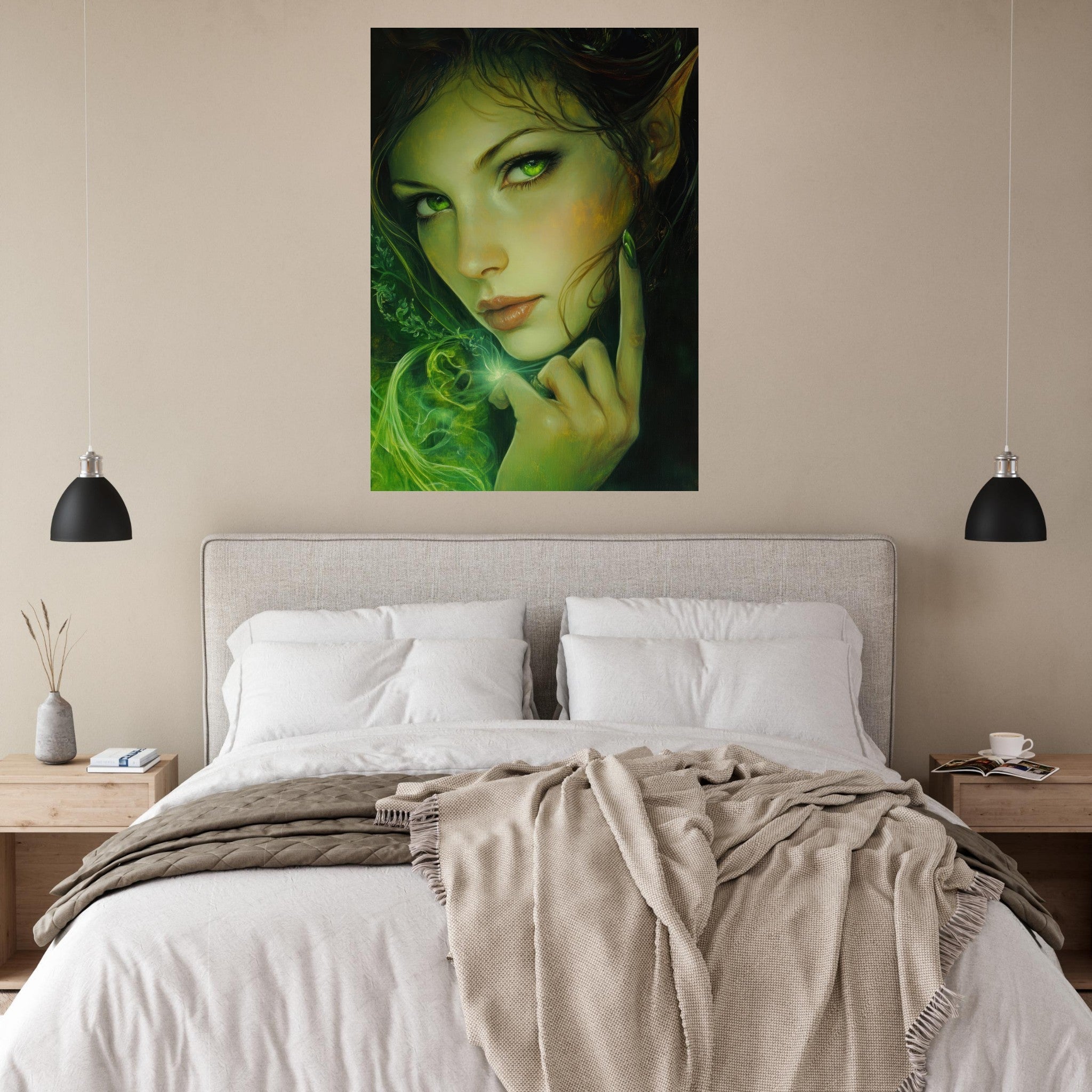 Fine Art Poster Portrait - The Fae Sorceress of the Emerald Woods Oil Faint - Shop Ai Art WebShop - Digital Art online Store