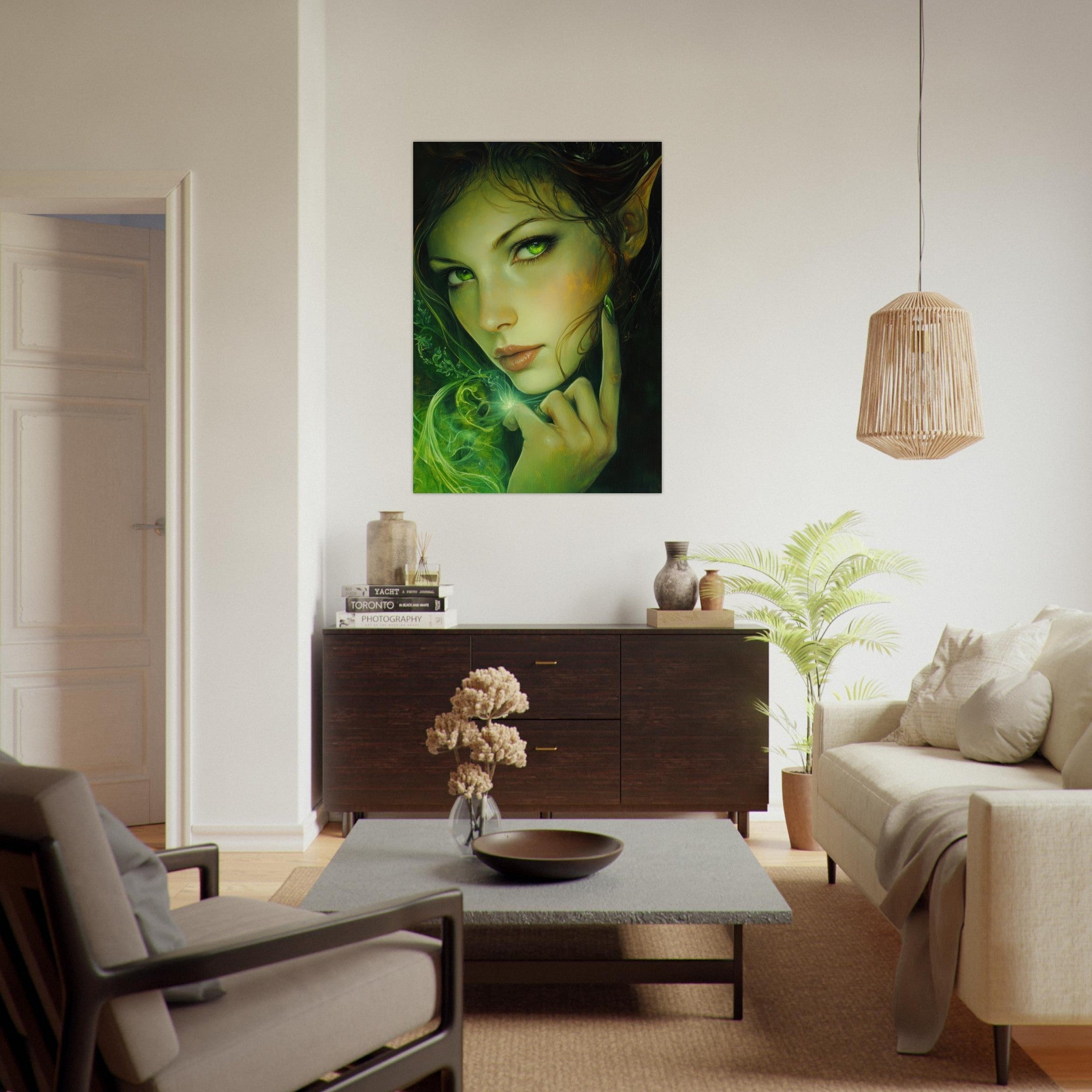 Fine Art Poster Portrait - The Fae Sorceress of the Emerald Woods Oil Faint - Shop Ai Art WebShop - Digital Art online Store
