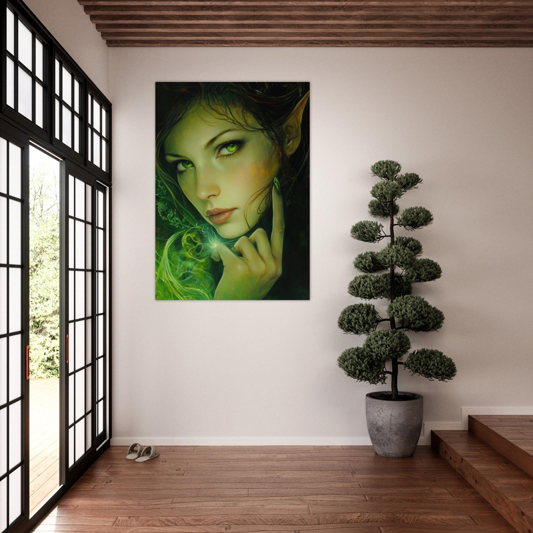 Fine Art Poster Portrait - The Fae Sorceress of the Emerald Woods Oil Faint - Shop Ai Art WebShop - Digital Art online Store