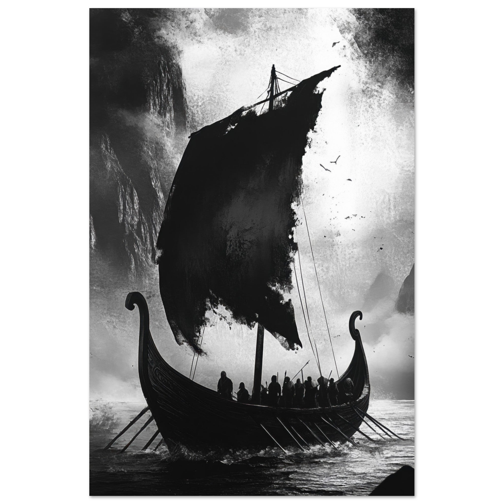 Fine Art Poster Portrait - The Ghostly Viking Longship Dark Nordic Ink Met - Shop Ai Art WebShop - Digital Art online Store