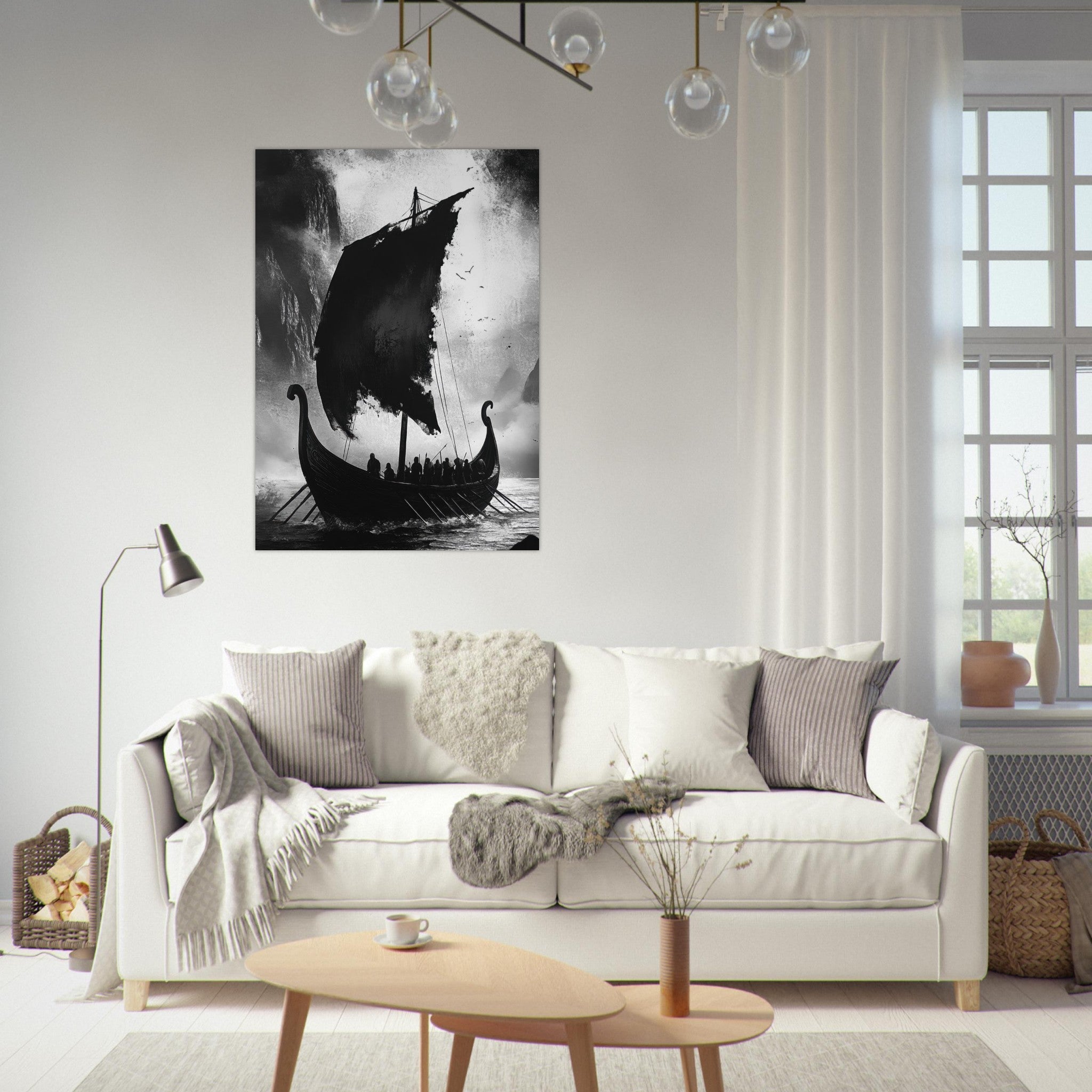 Fine Art Poster Portrait - The Ghostly Viking Longship Dark Nordic Ink Met - Shop Ai Art WebShop - Digital Art online Store