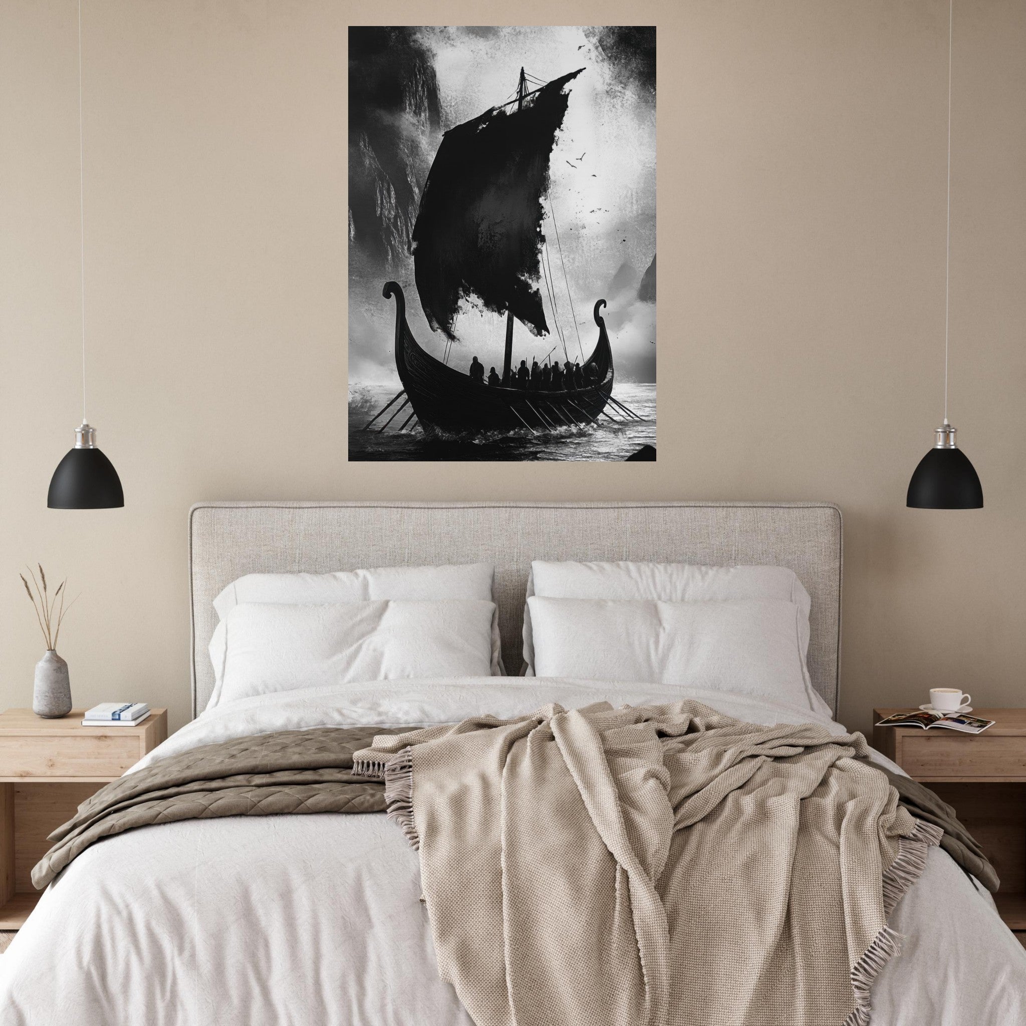 Fine Art Poster Portrait - The Ghostly Viking Longship Dark Nordic Ink Met - Shop Ai Art WebShop - Digital Art online Store