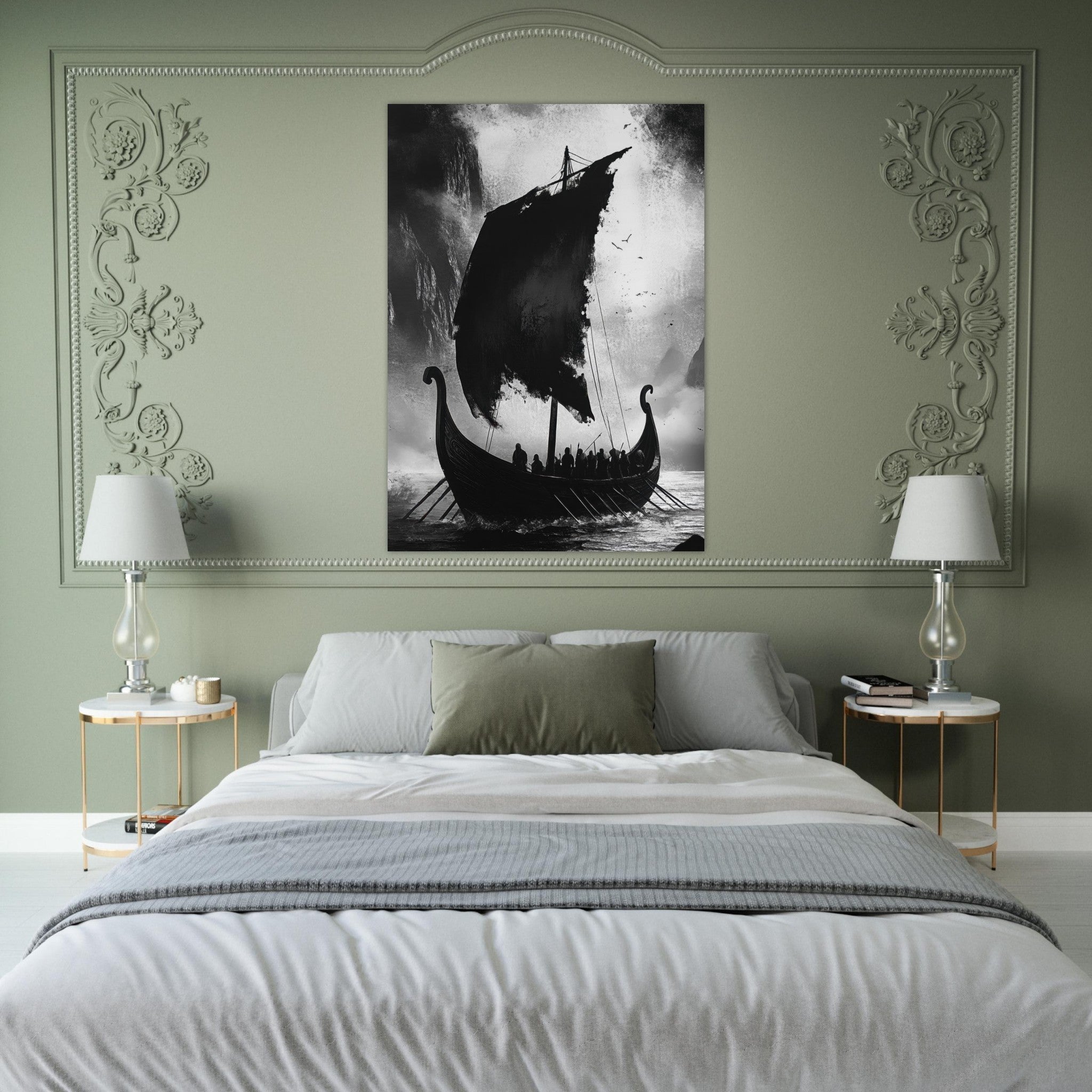 Fine Art Poster Portrait - The Ghostly Viking Longship Dark Nordic Ink Met - Shop Ai Art WebShop - Digital Art online Store