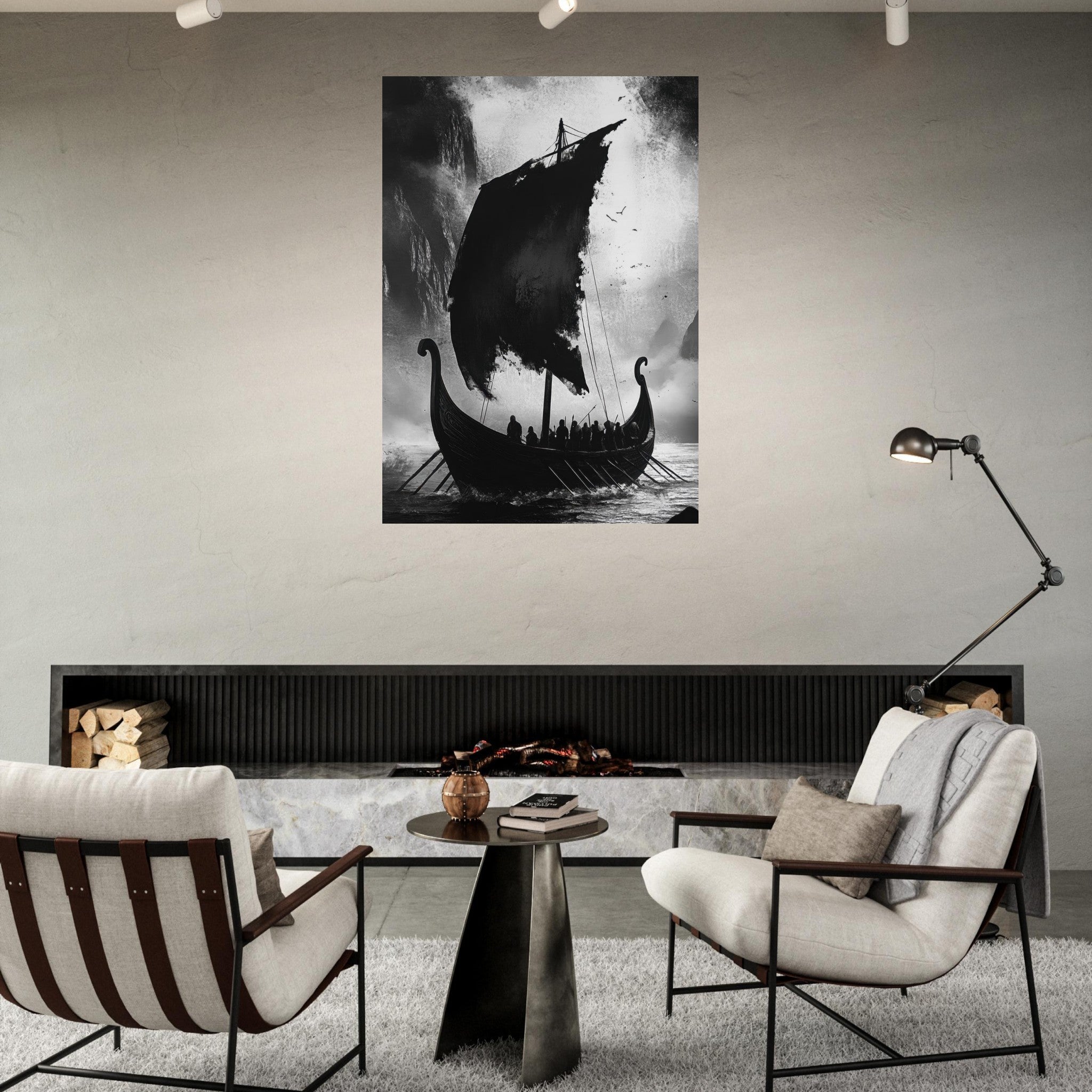 Fine Art Poster Portrait - The Ghostly Viking Longship Dark Nordic Ink Met - Shop Ai Art WebShop - Digital Art online Store