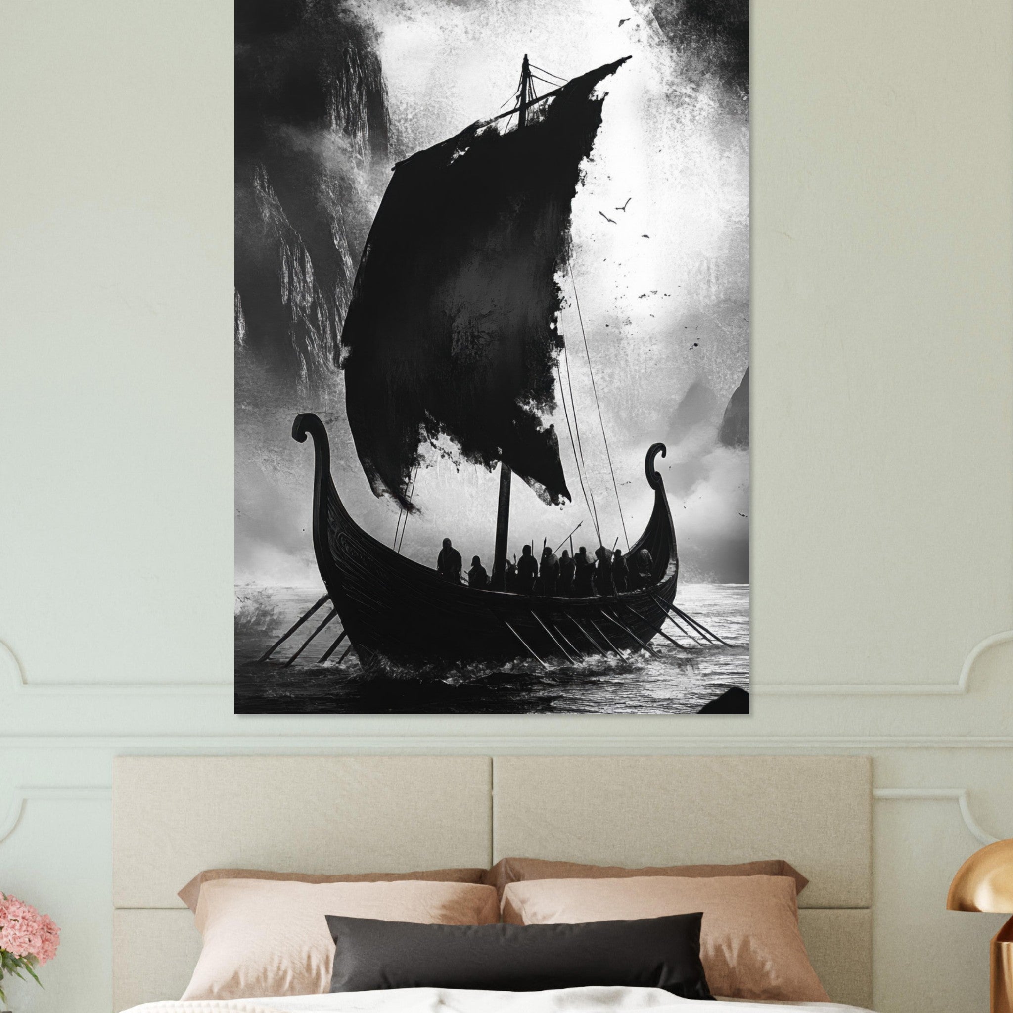Fine Art Poster Portrait - The Ghostly Viking Longship Dark Nordic Ink Met - Shop Ai Art WebShop - Digital Art online Store