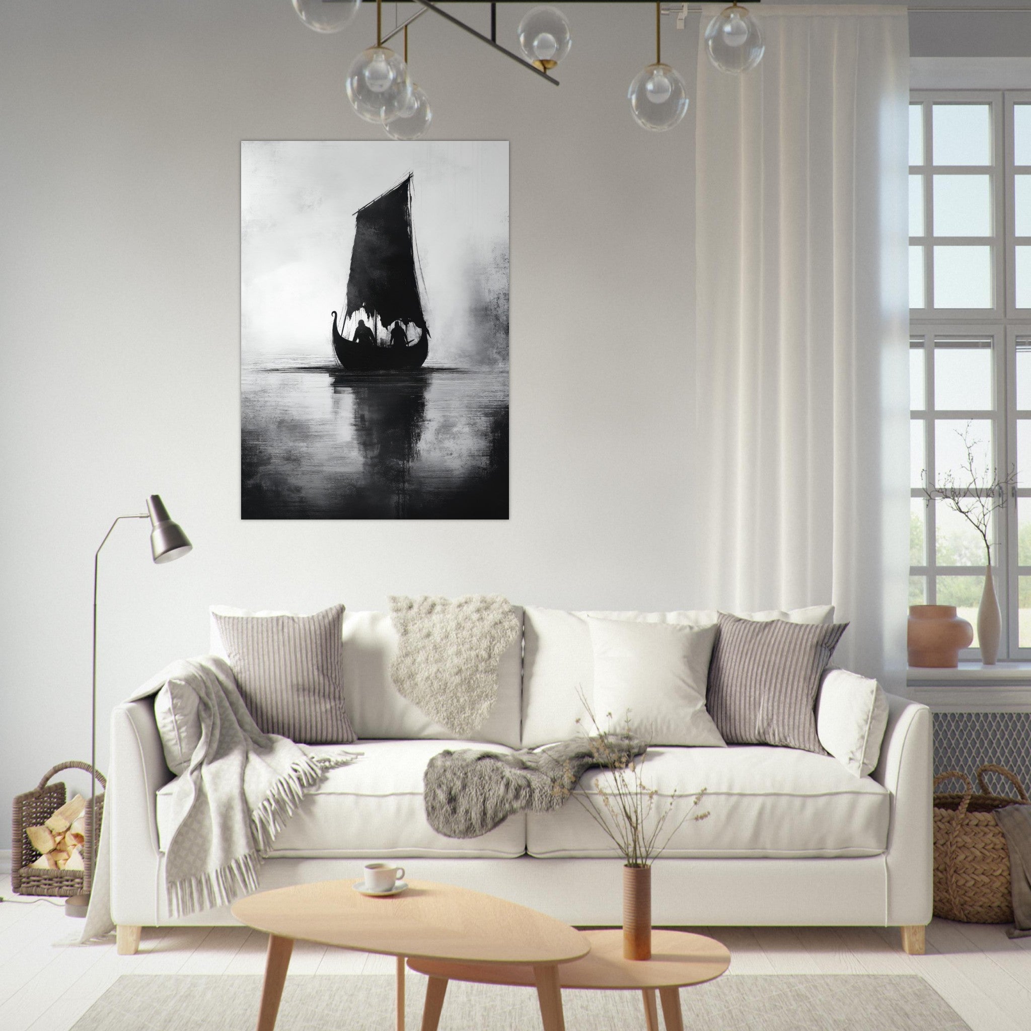 Fine Art Poster Portrait - The Ghostly Viking Longship Dark Nordic Ink Met 4 - Shop Ai Art WebShop - Digital Art online Store