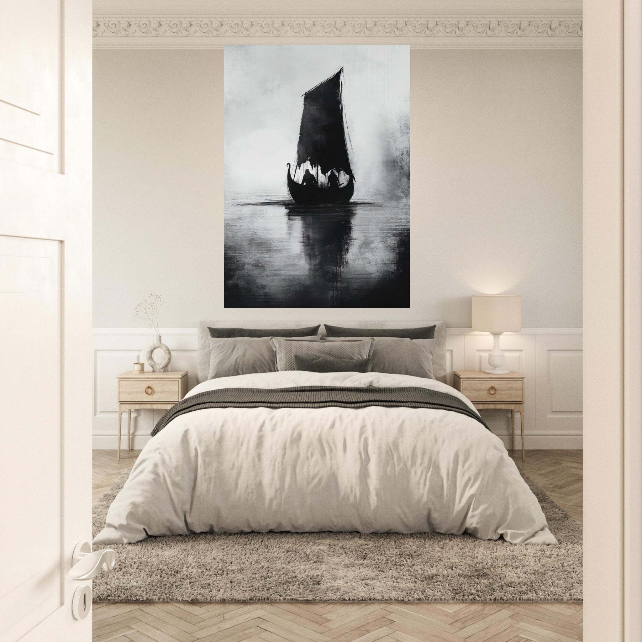 Fine Art Poster Portrait - The Ghostly Viking Longship Dark Nordic Ink Met 4 - Shop Ai Art WebShop - Digital Art online Store