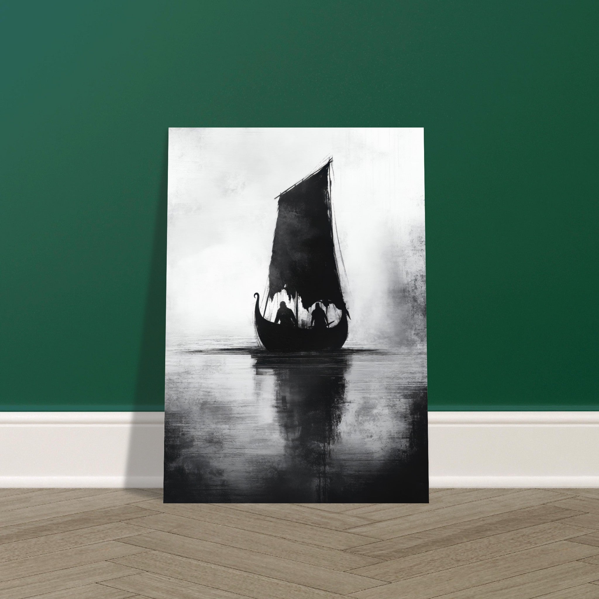 Fine Art Poster Portrait - The Ghostly Viking Longship Dark Nordic Ink Met 4 - Shop Ai Art WebShop - Digital Art online Store