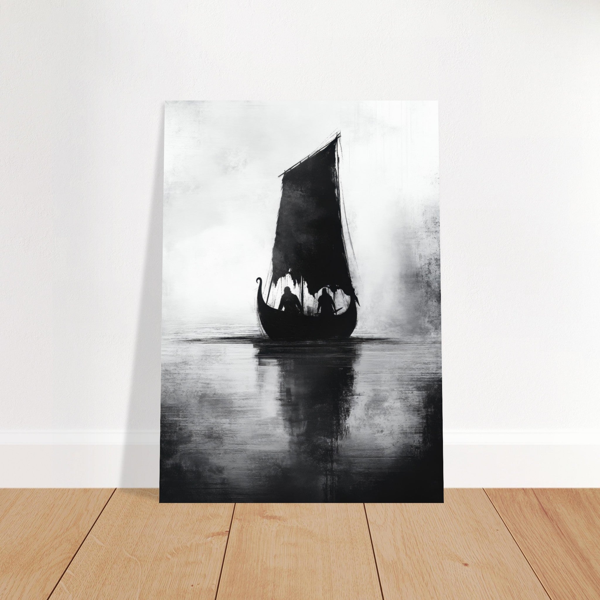 Fine Art Poster Portrait - The Ghostly Viking Longship Dark Nordic Ink Met 4 - Shop Ai Art WebShop - Digital Art online Store