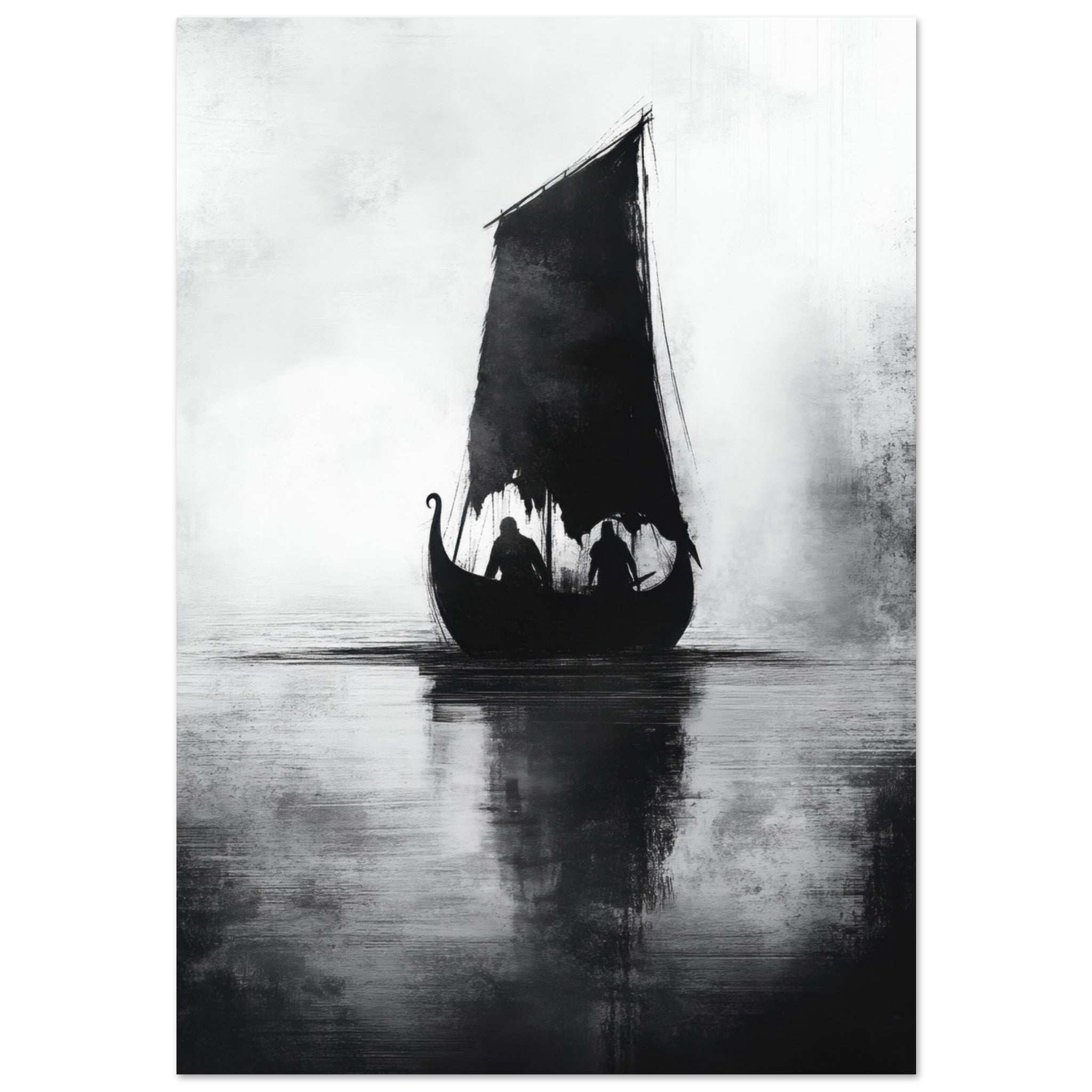 Fine Art Poster Portrait - The Ghostly Viking Longship Dark Nordic Ink Met 4 - Shop Ai Art WebShop - Digital Art online Store