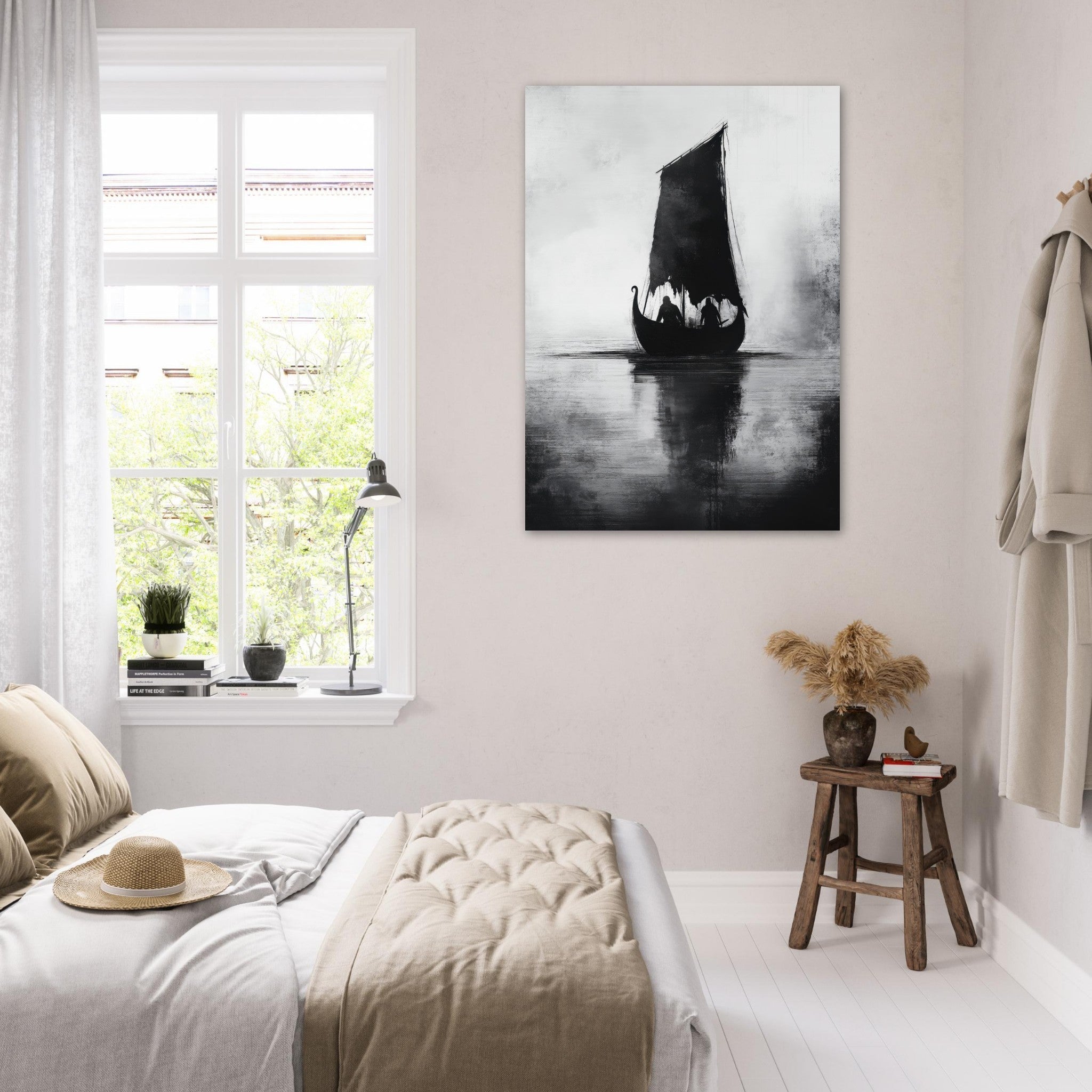 Fine Art Poster Portrait - The Ghostly Viking Longship Dark Nordic Ink Met 4 - Shop Ai Art WebShop - Digital Art online Store
