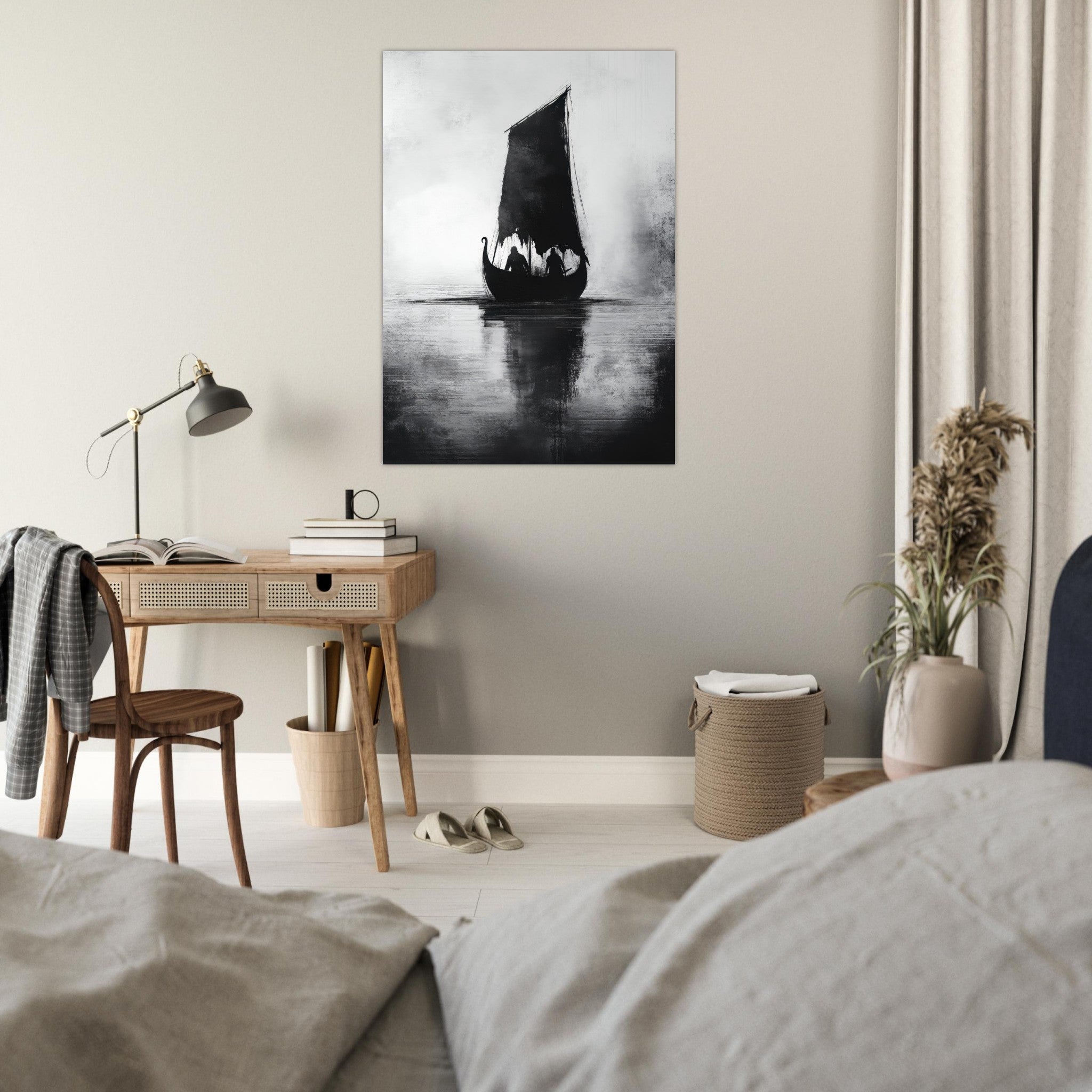 Fine Art Poster Portrait - The Ghostly Viking Longship Dark Nordic Ink Met 4 - Shop Ai Art WebShop - Digital Art online Store