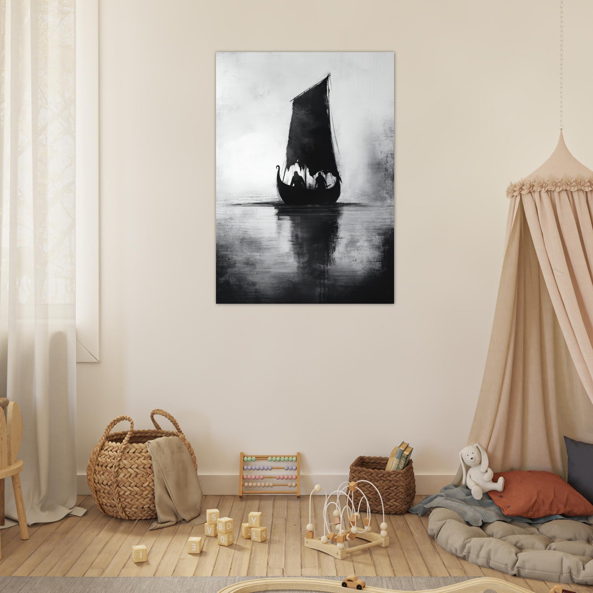 Fine Art Poster Portrait - The Ghostly Viking Longship Dark Nordic Ink Met 4 - Shop Ai Art WebShop - Digital Art online Store