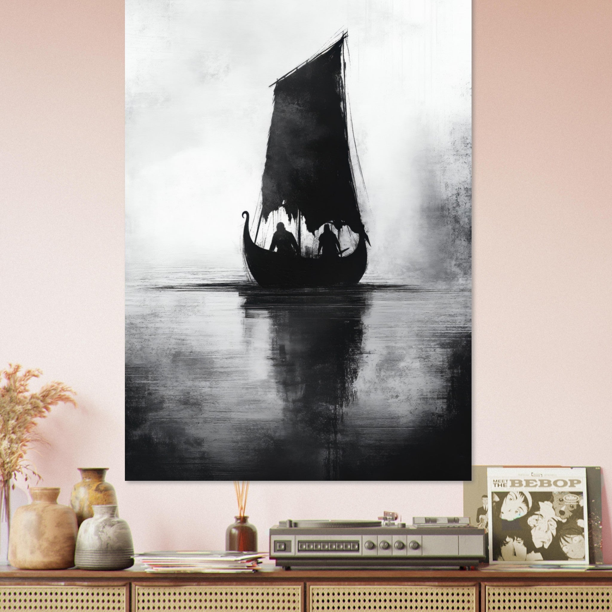 Fine Art Poster Portrait - The Ghostly Viking Longship Dark Nordic Ink Met 4 - Shop Ai Art WebShop - Digital Art online Store