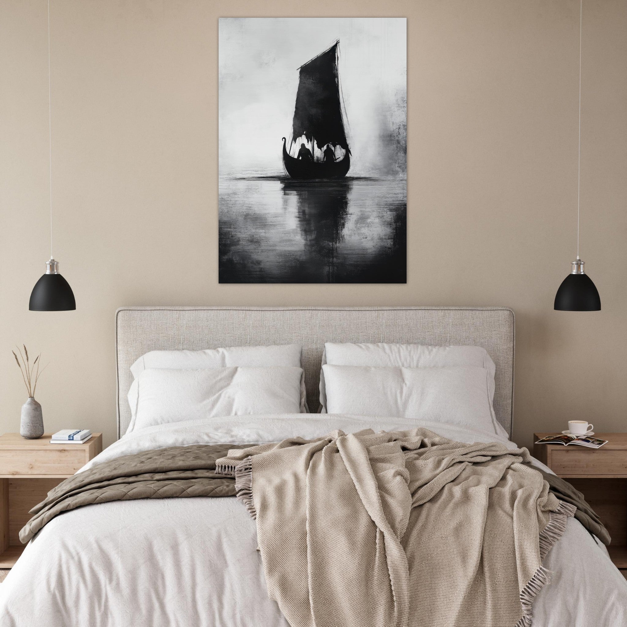 Fine Art Poster Portrait - The Ghostly Viking Longship Dark Nordic Ink Met 4 - Shop Ai Art WebShop - Digital Art online Store