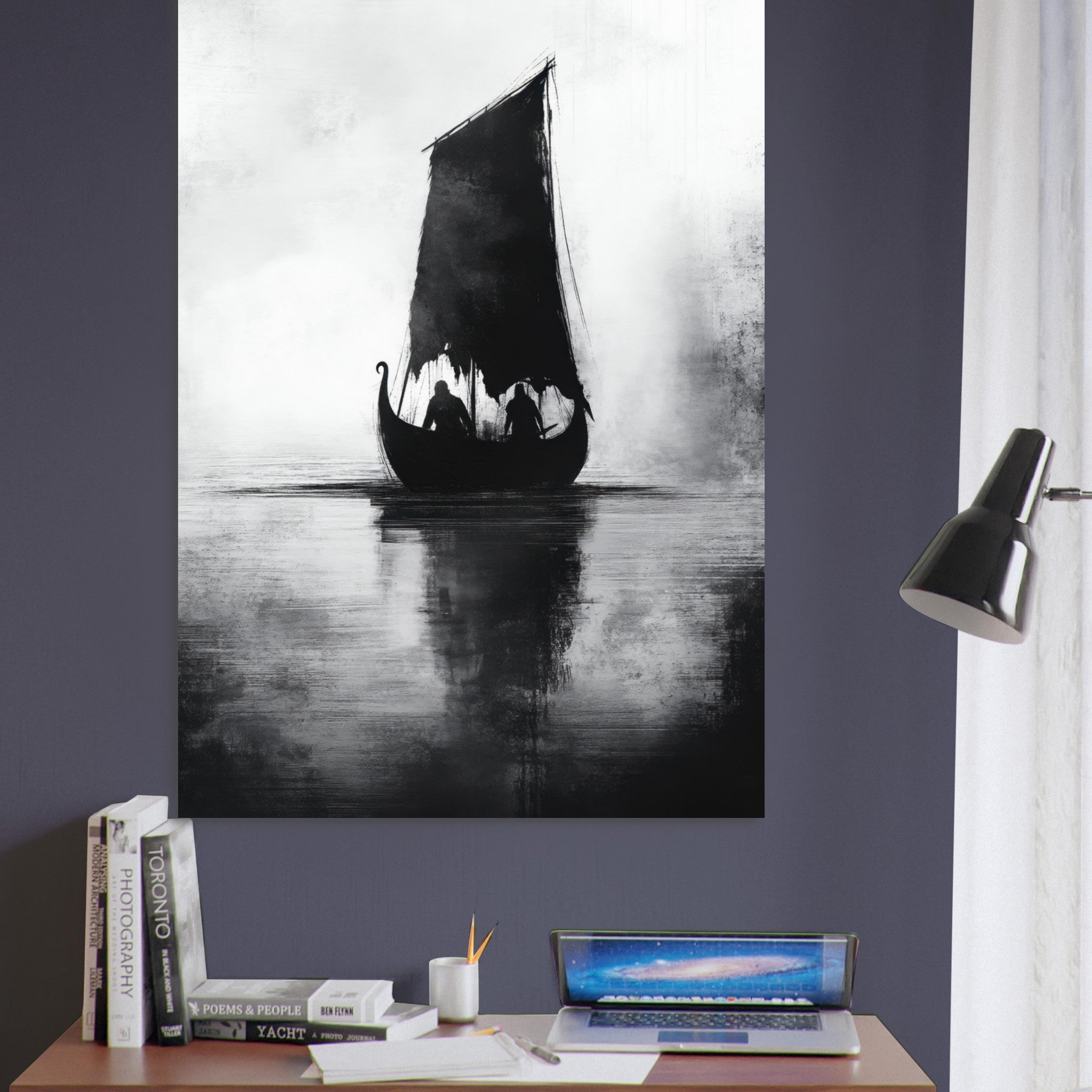 Fine Art Poster Portrait - The Ghostly Viking Longship Dark Nordic Ink Met 4 - Shop Ai Art WebShop - Digital Art online Store