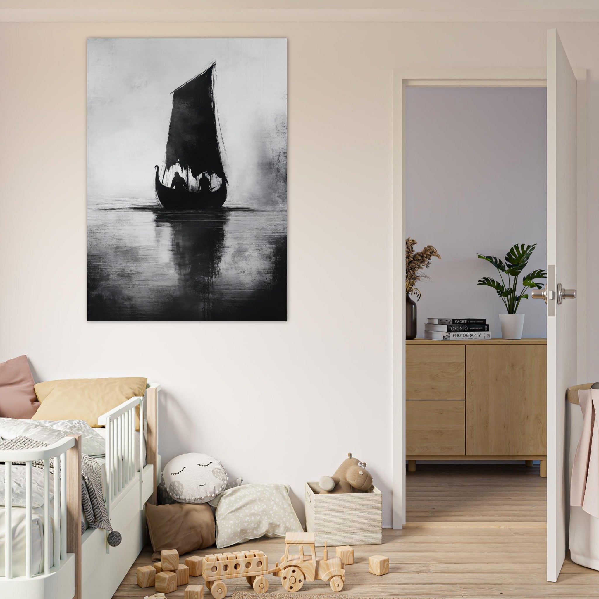 Fine Art Poster Portrait - The Ghostly Viking Longship Dark Nordic Ink Met 4 - Shop Ai Art WebShop - Digital Art online Store