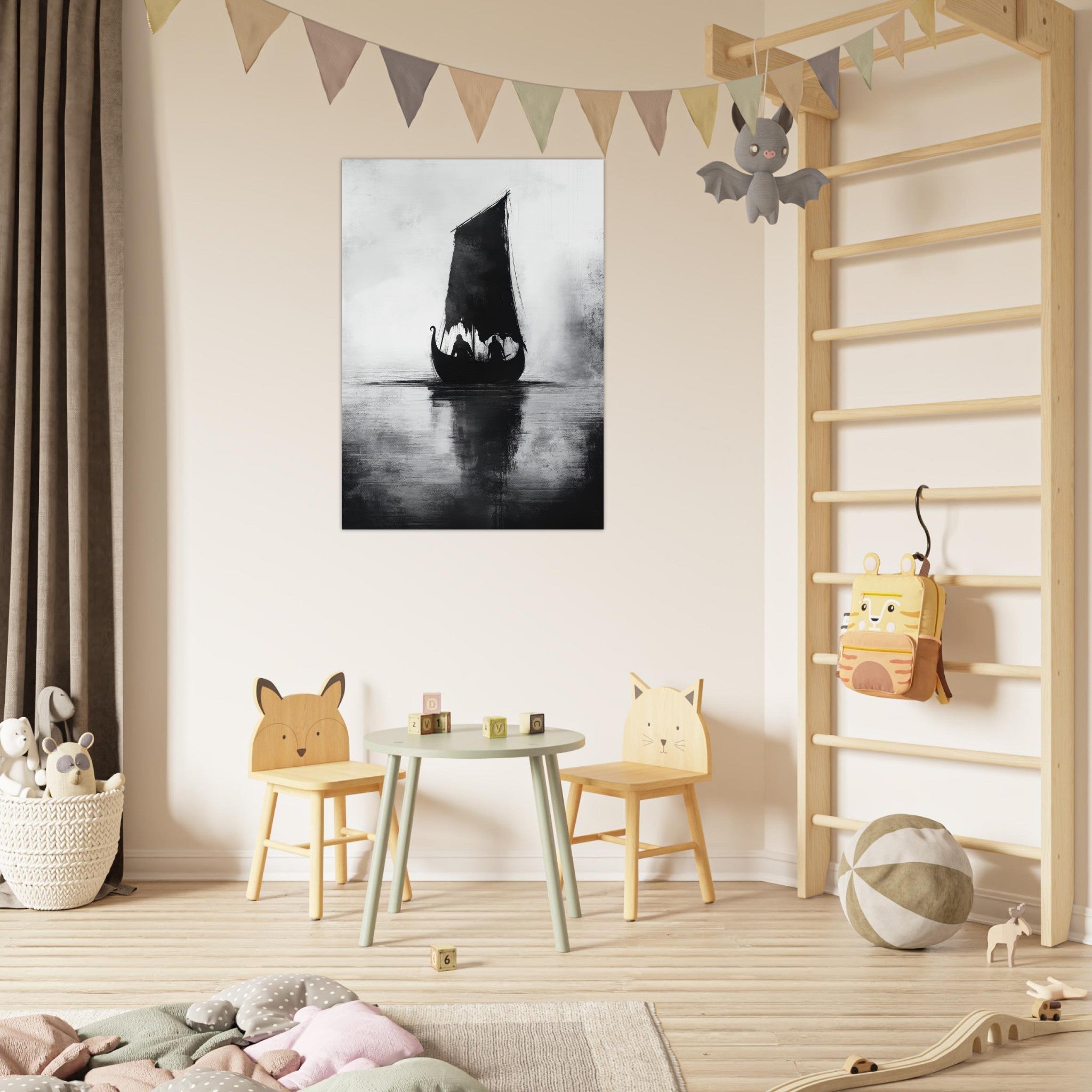 Fine Art Poster Portrait - The Ghostly Viking Longship Dark Nordic Ink Met 4 - Shop Ai Art WebShop - Digital Art online Store