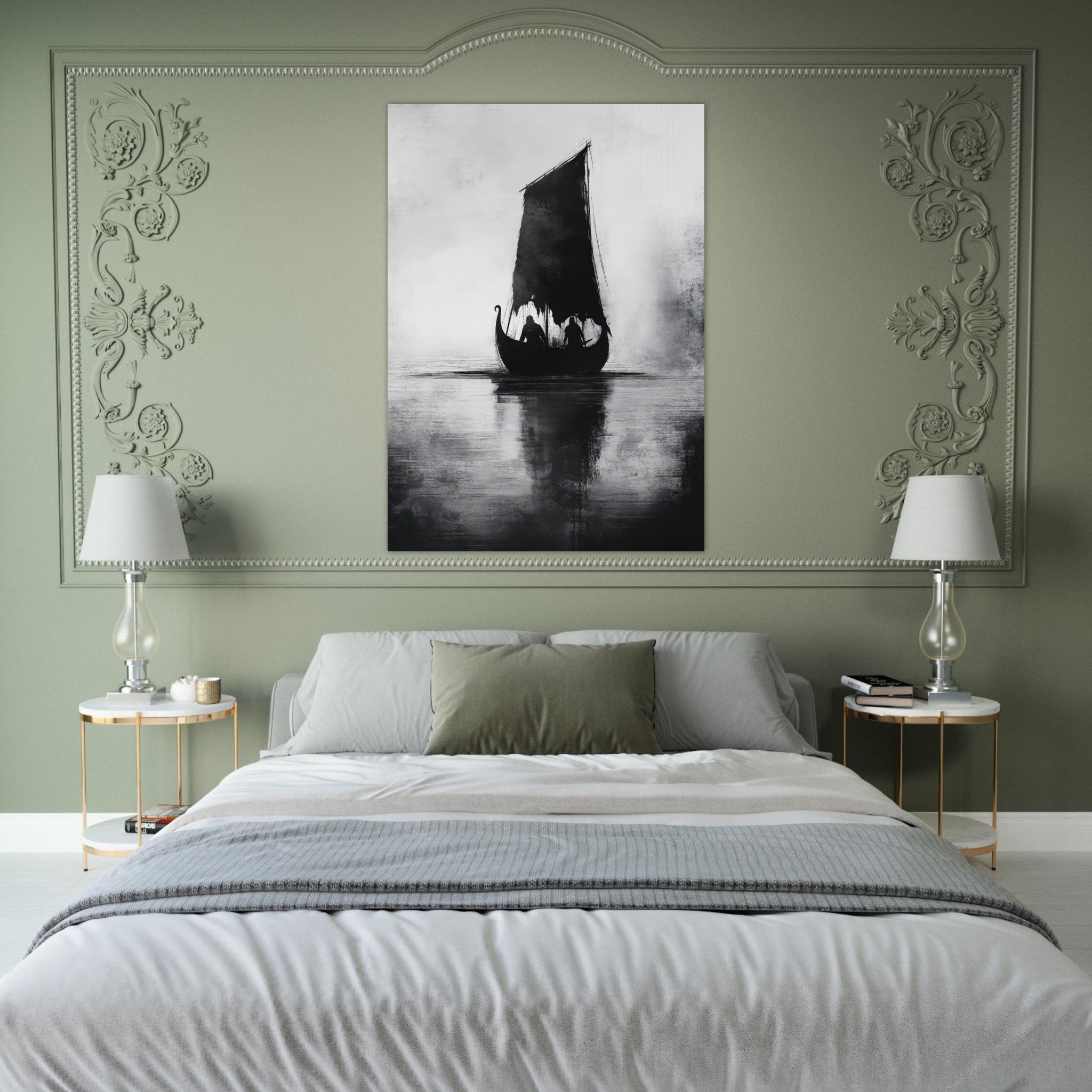 Fine Art Poster Portrait - The Ghostly Viking Longship Dark Nordic Ink Met 4 - Shop Ai Art WebShop - Digital Art online Store