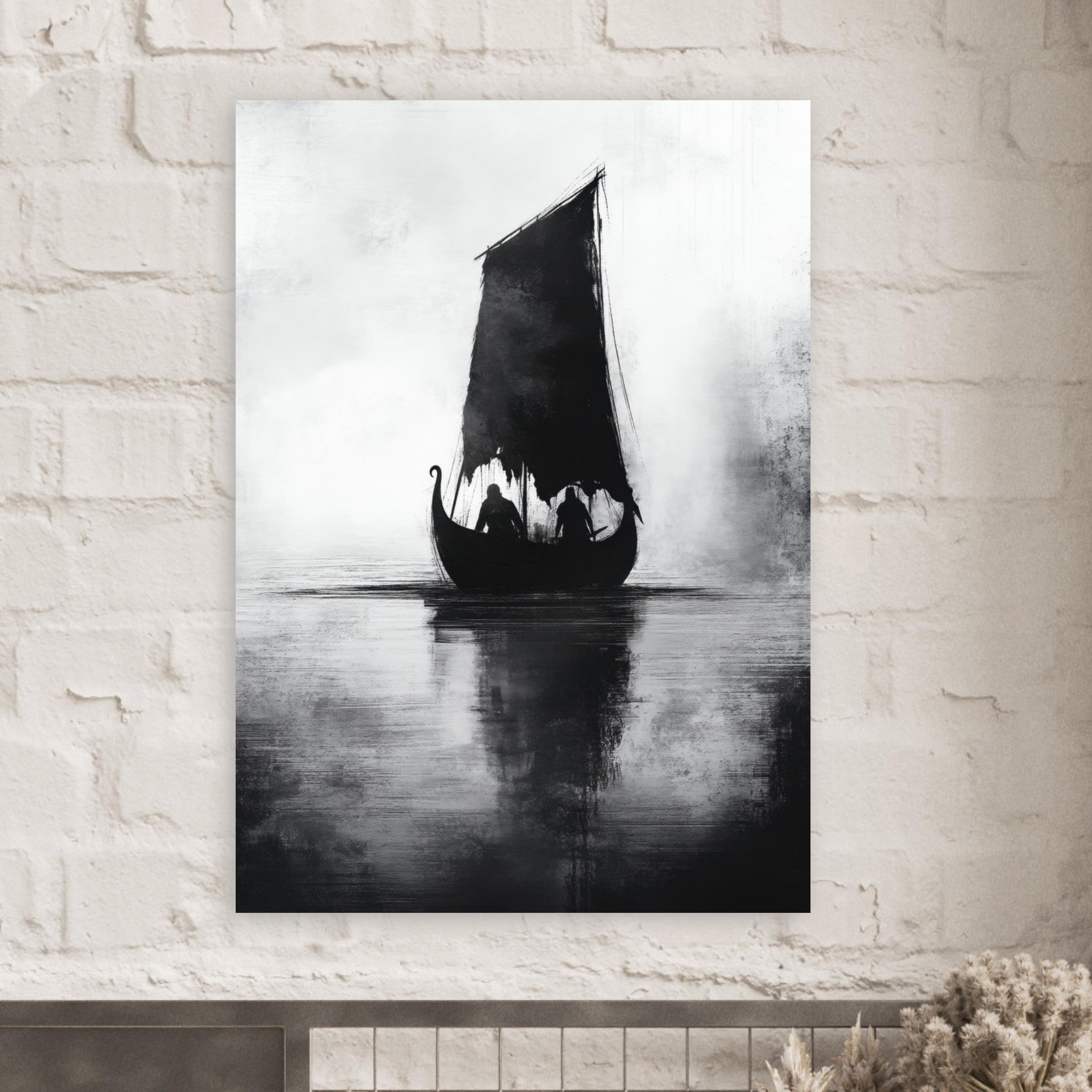 Fine Art Poster Portrait - The Ghostly Viking Longship Dark Nordic Ink Met 4 - Shop Ai Art WebShop - Digital Art online Store