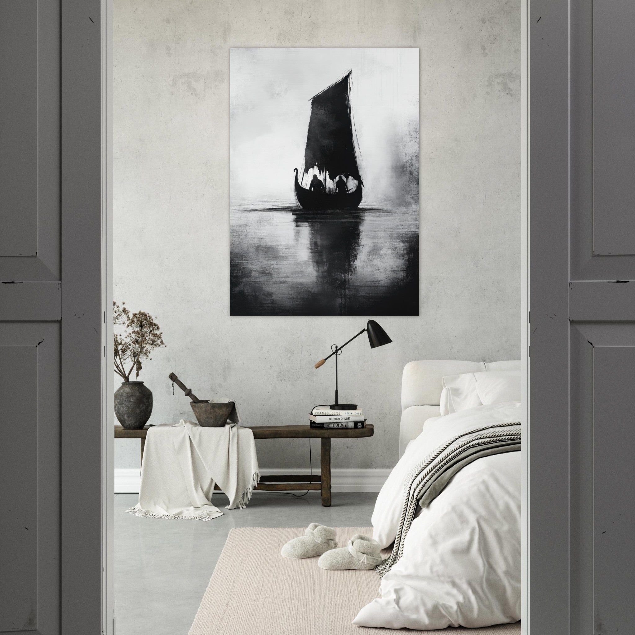 Fine Art Poster Portrait - The Ghostly Viking Longship Dark Nordic Ink Met 4 - Shop Ai Art WebShop - Digital Art online Store