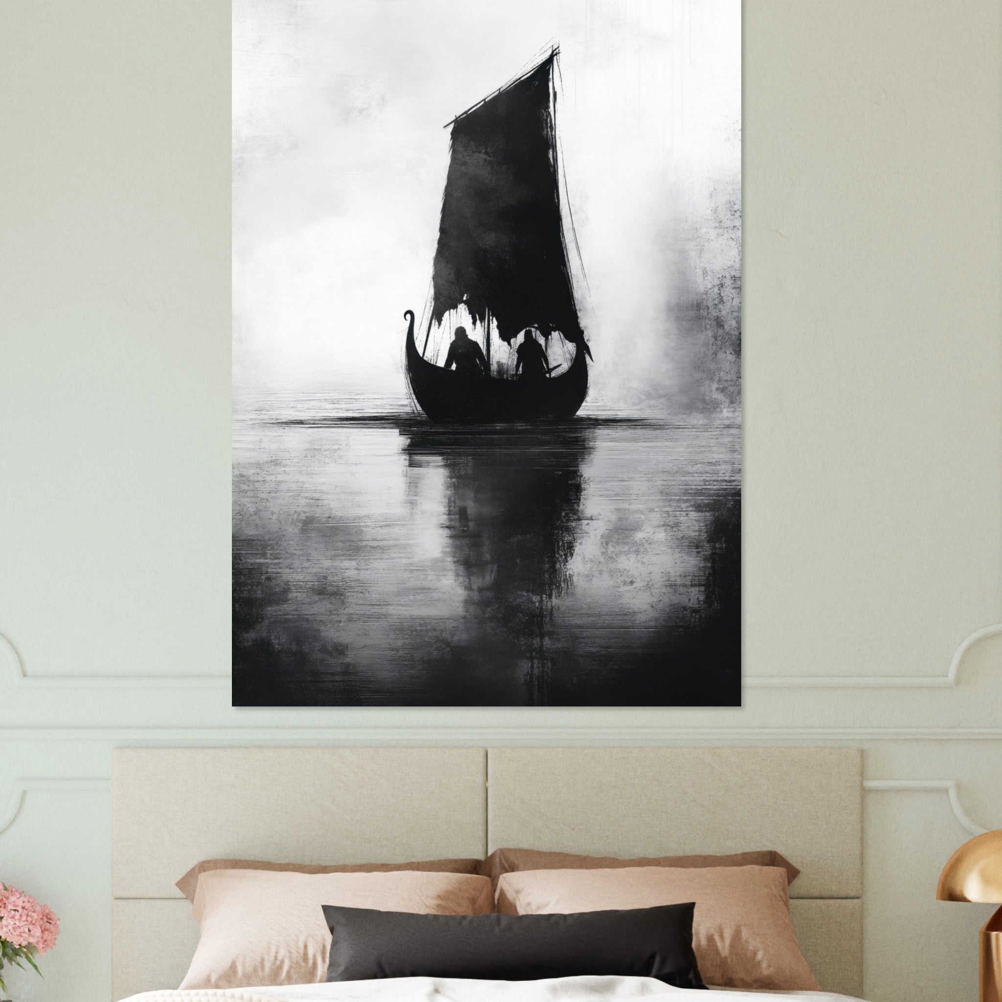 Fine Art Poster Portrait - The Ghostly Viking Longship Dark Nordic Ink Met 4 - Shop Ai Art WebShop - Digital Art online Store