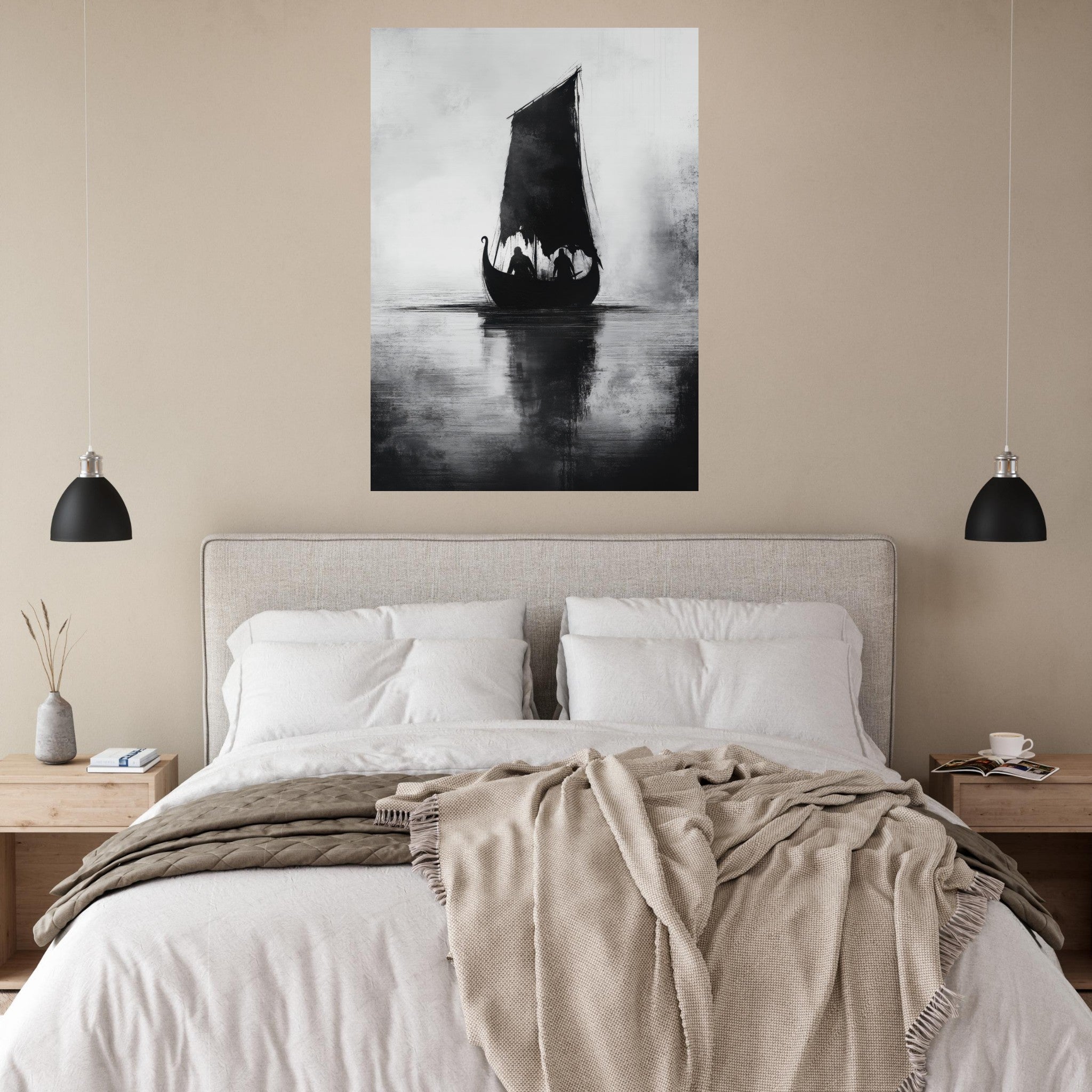 Fine Art Poster Portrait - The Ghostly Viking Longship Dark Nordic Ink Met 4 - Shop Ai Art WebShop - Digital Art online Store