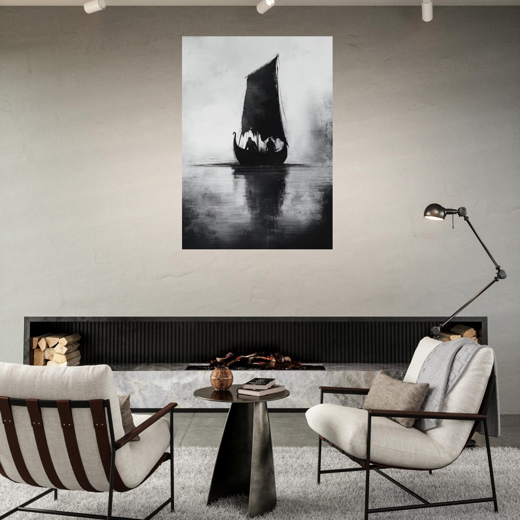 Fine Art Poster Portrait - The Ghostly Viking Longship Dark Nordic Ink Met 4 - Shop Ai Art WebShop - Digital Art online Store