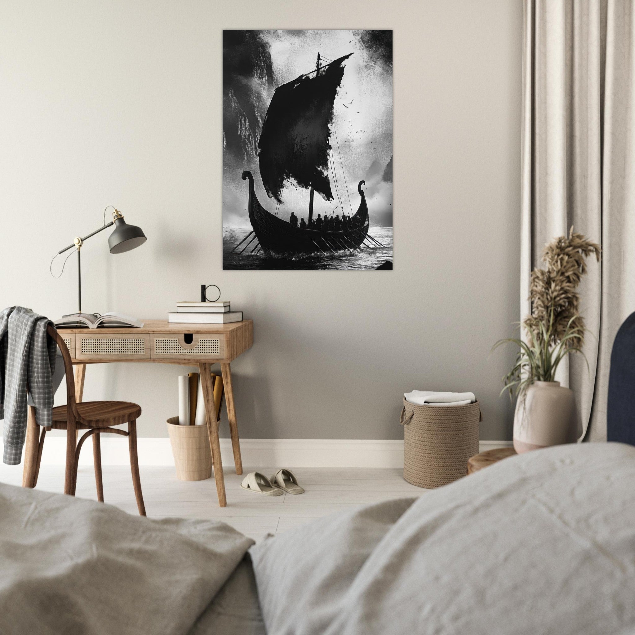 Fine Art Poster Portrait - The Ghostly Viking Longship Dark Nordic Ink Met - Shop Ai Art WebShop - Digital Art online Store