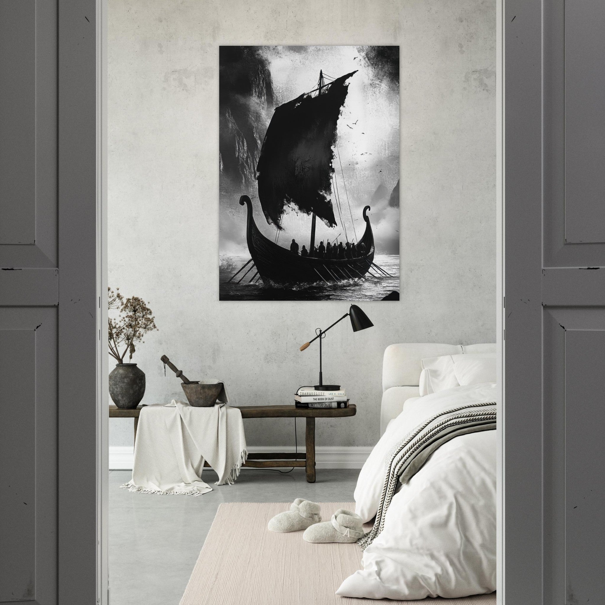 Fine Art Poster Portrait - The Ghostly Viking Longship Dark Nordic Ink Met - Shop Ai Art WebShop - Digital Art online Store
