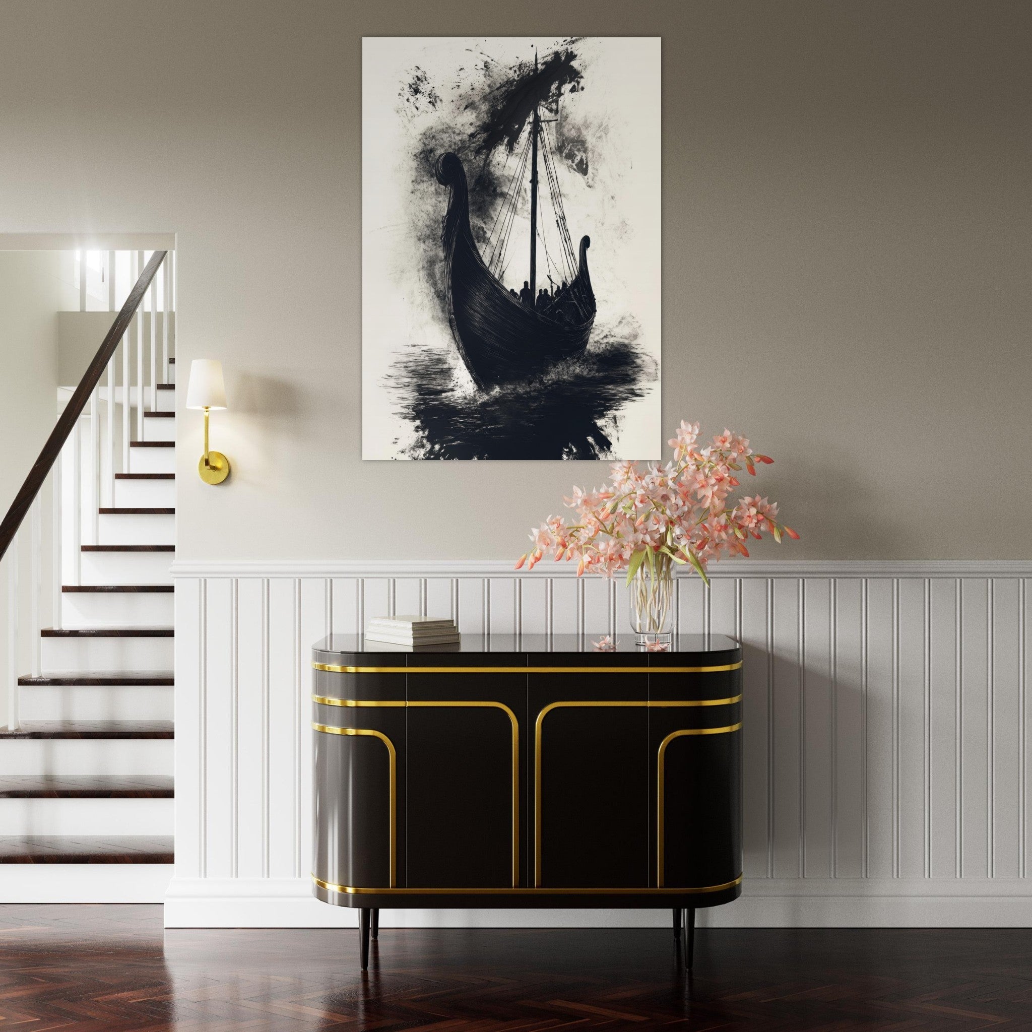 Fine Art Poster Portrait - The Ghostly Viking Longship Dark Nordic Ink Met 5 - Shop Ai Art WebShop - Digital Art online Store