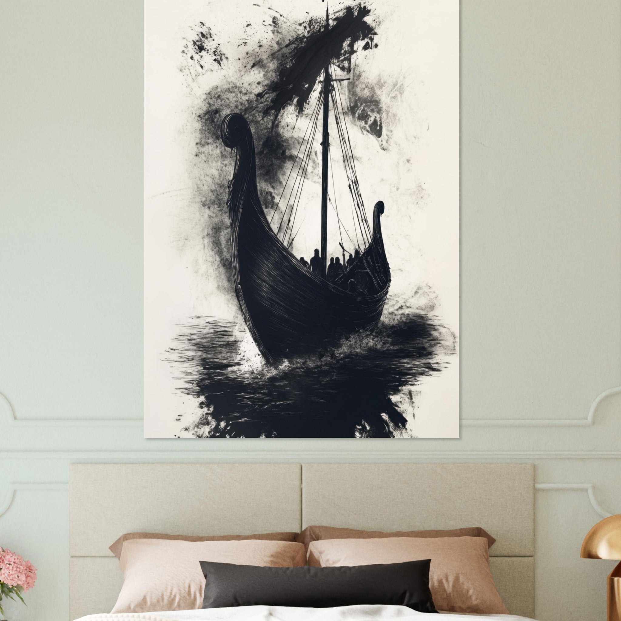 Fine Art Poster Portrait - The Ghostly Viking Longship Dark Nordic Ink Met 5 - Shop Ai Art WebShop - Digital Art online Store