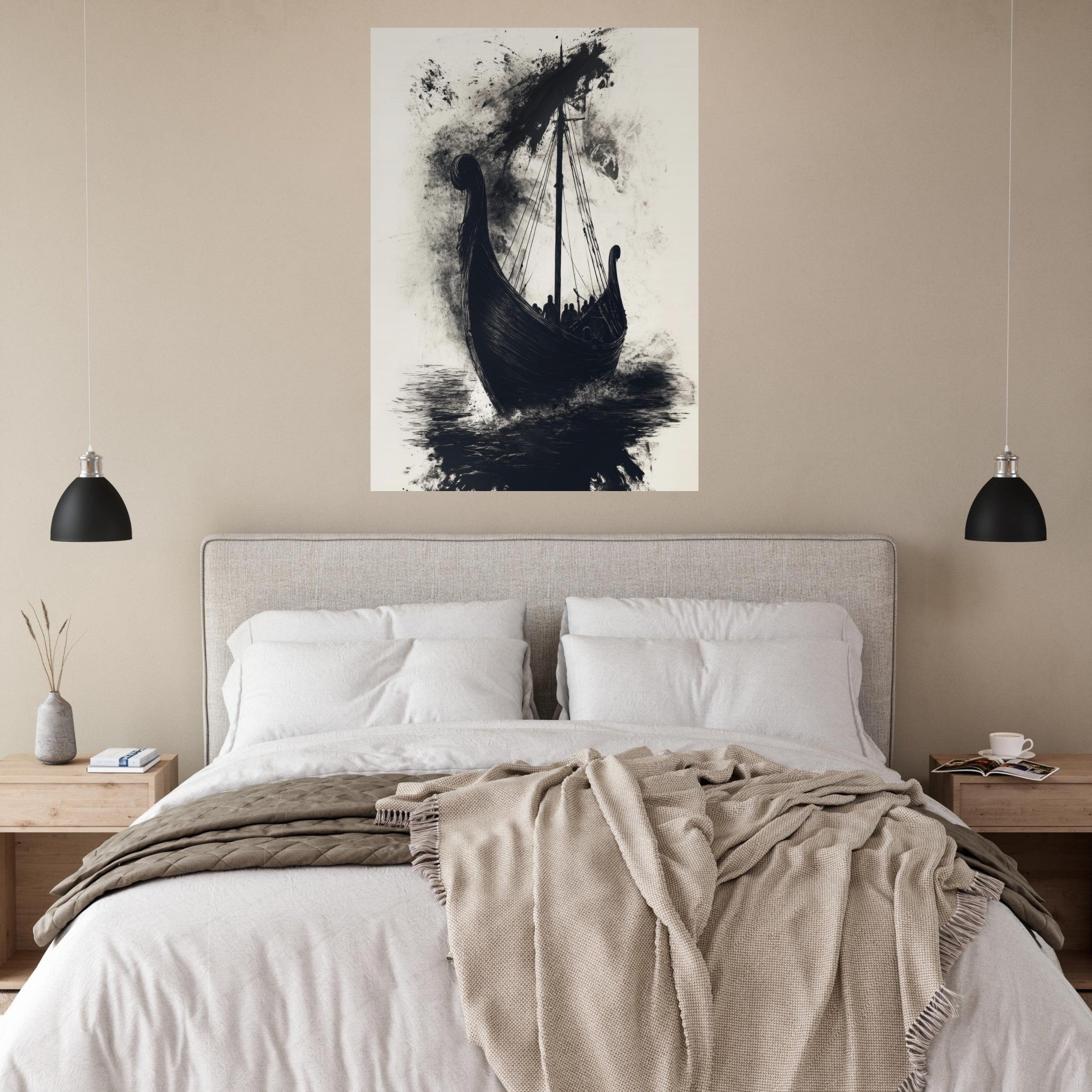 Fine Art Poster Portrait - The Ghostly Viking Longship Dark Nordic Ink Met 5 - Shop Ai Art WebShop - Digital Art online Store
