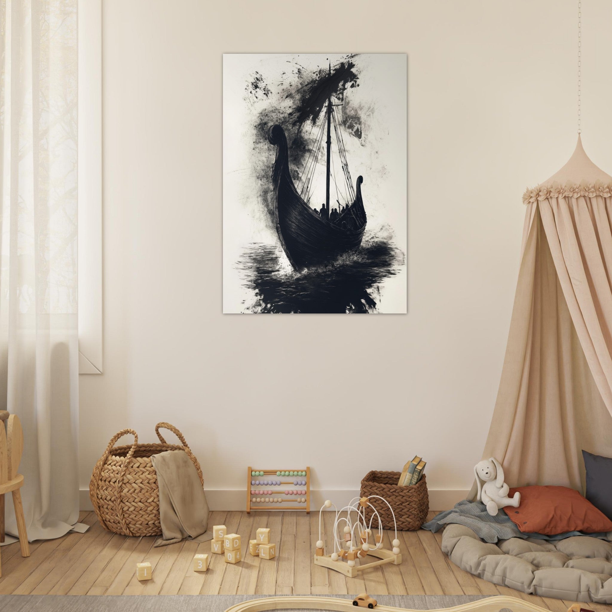 Fine Art Poster Portrait - The Ghostly Viking Longship Dark Nordic Ink Met 5 - Shop Ai Art WebShop - Digital Art online Store