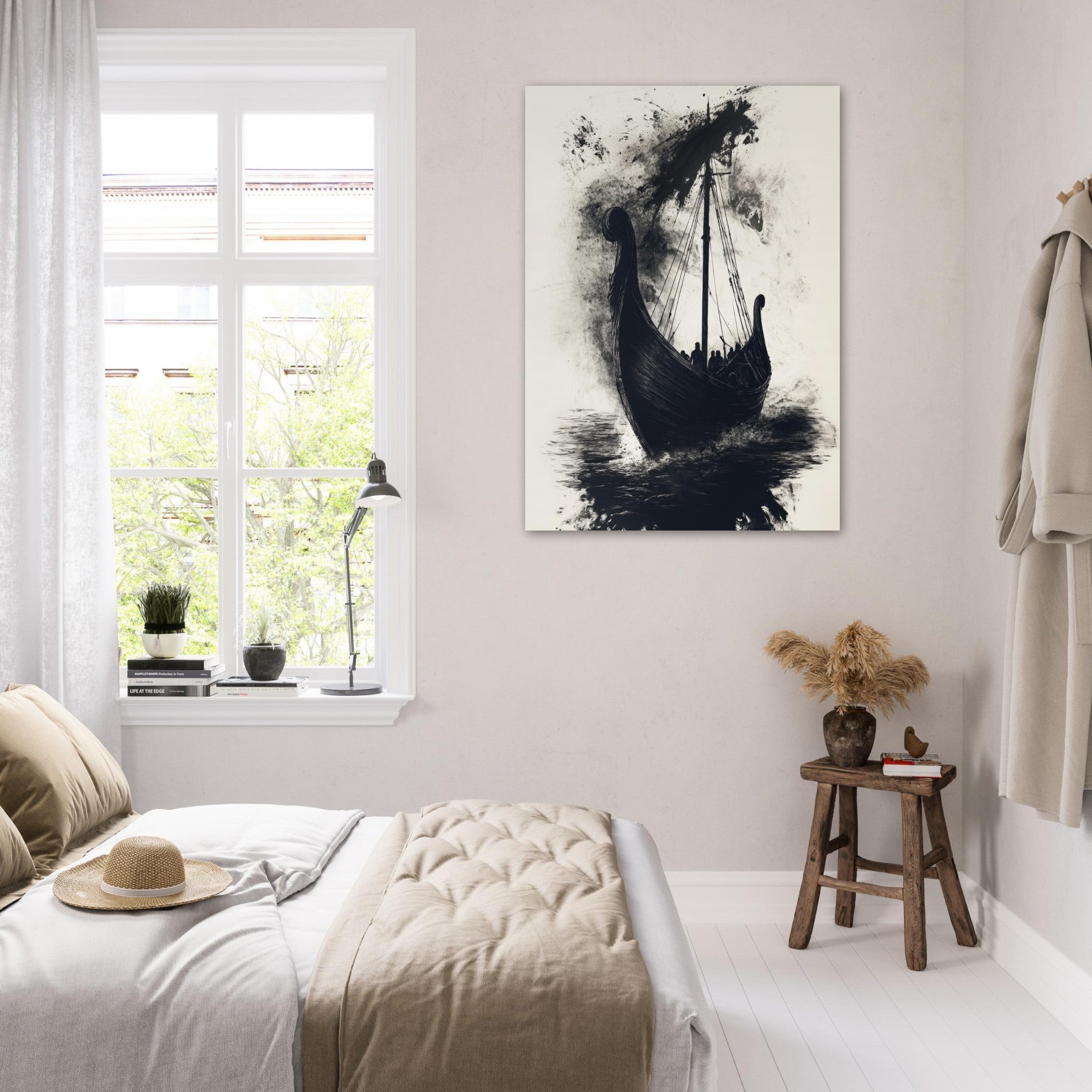 Fine Art Poster Portrait - The Ghostly Viking Longship Dark Nordic Ink Met 5 - Shop Ai Art WebShop - Digital Art online Store