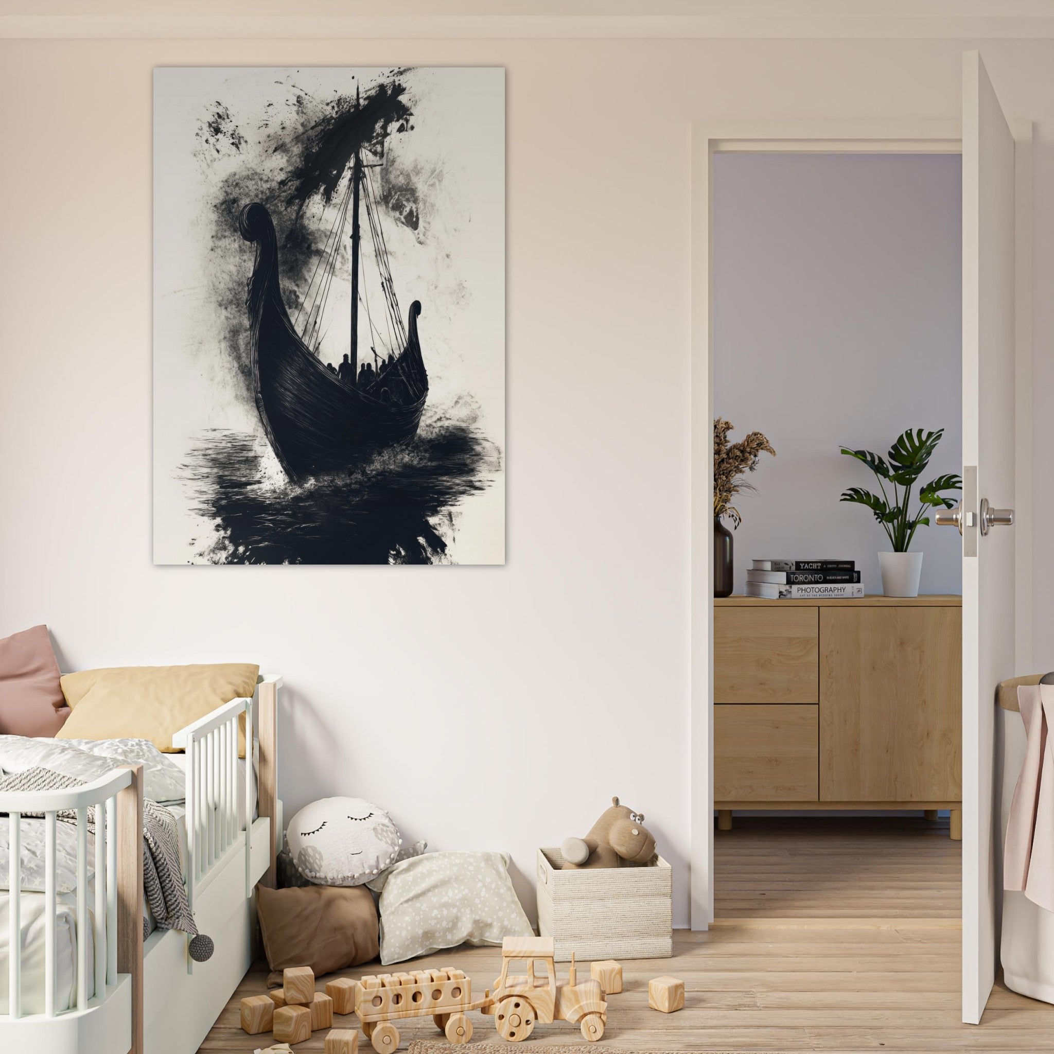 Fine Art Poster Portrait - The Ghostly Viking Longship Dark Nordic Ink Met 5 - Shop Ai Art WebShop - Digital Art online Store