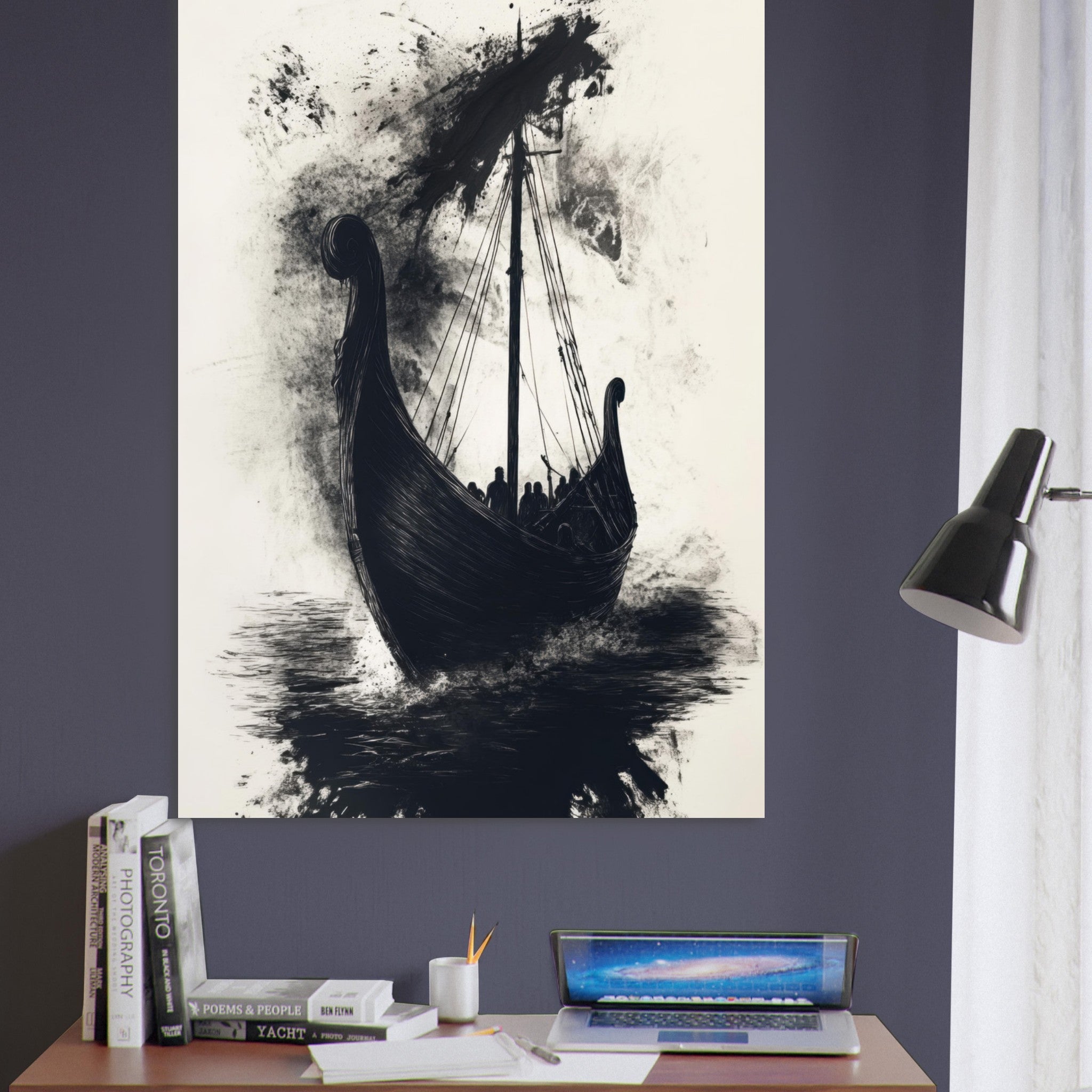 Fine Art Poster Portrait - The Ghostly Viking Longship Dark Nordic Ink Met 5 - Shop Ai Art WebShop - Digital Art online Store