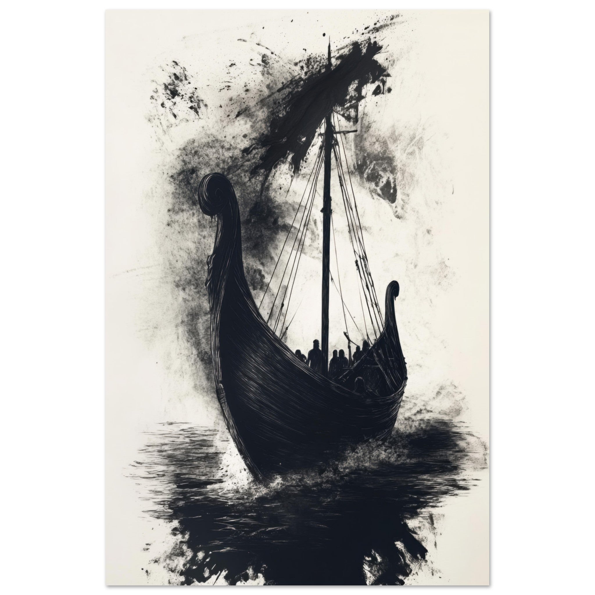 Fine Art Poster Portrait - The Ghostly Viking Longship Dark Nordic Ink Met 5 - Shop Ai Art WebShop - Digital Art online Store