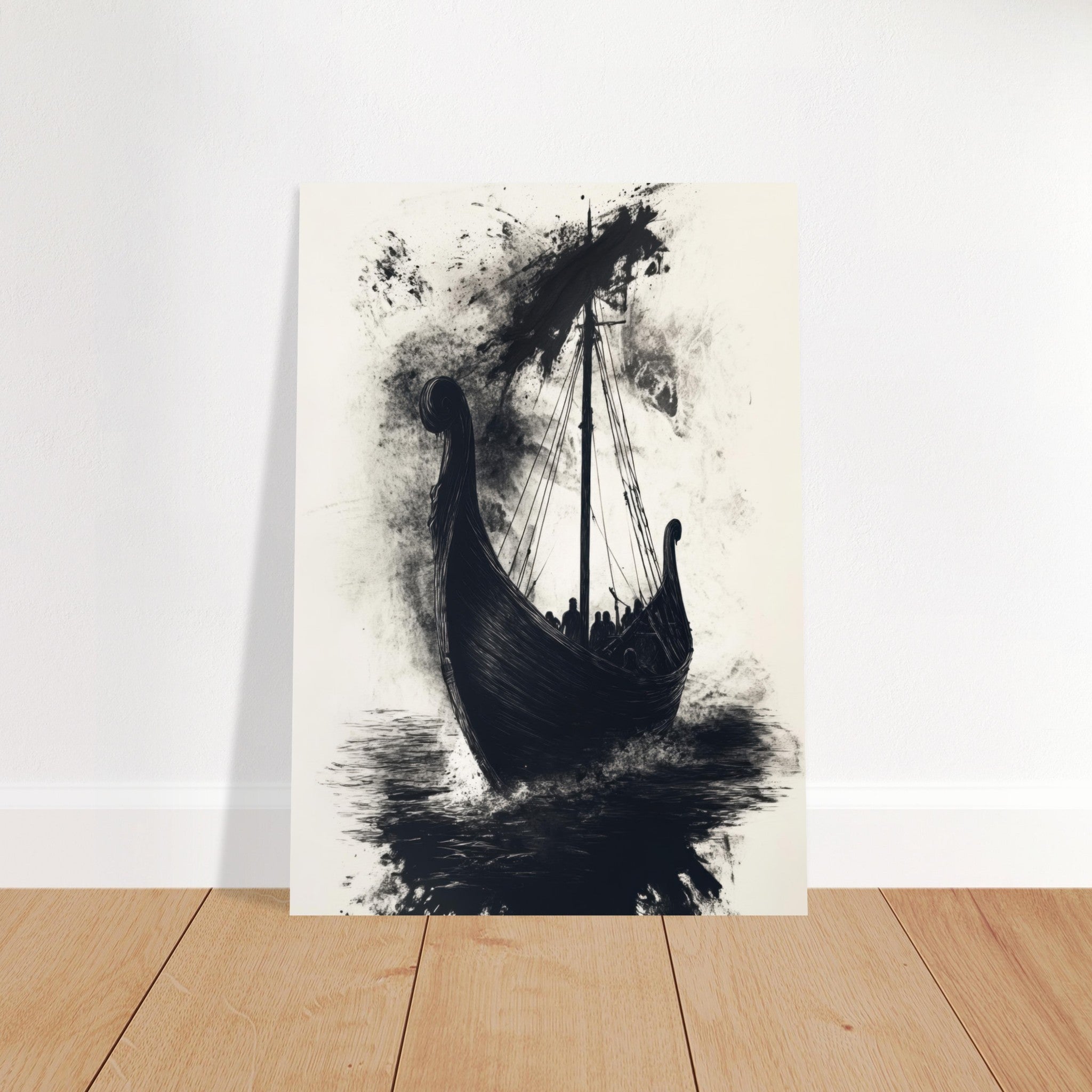 Fine Art Poster Portrait - The Ghostly Viking Longship Dark Nordic Ink Met 5 - Shop Ai Art WebShop - Digital Art online Store