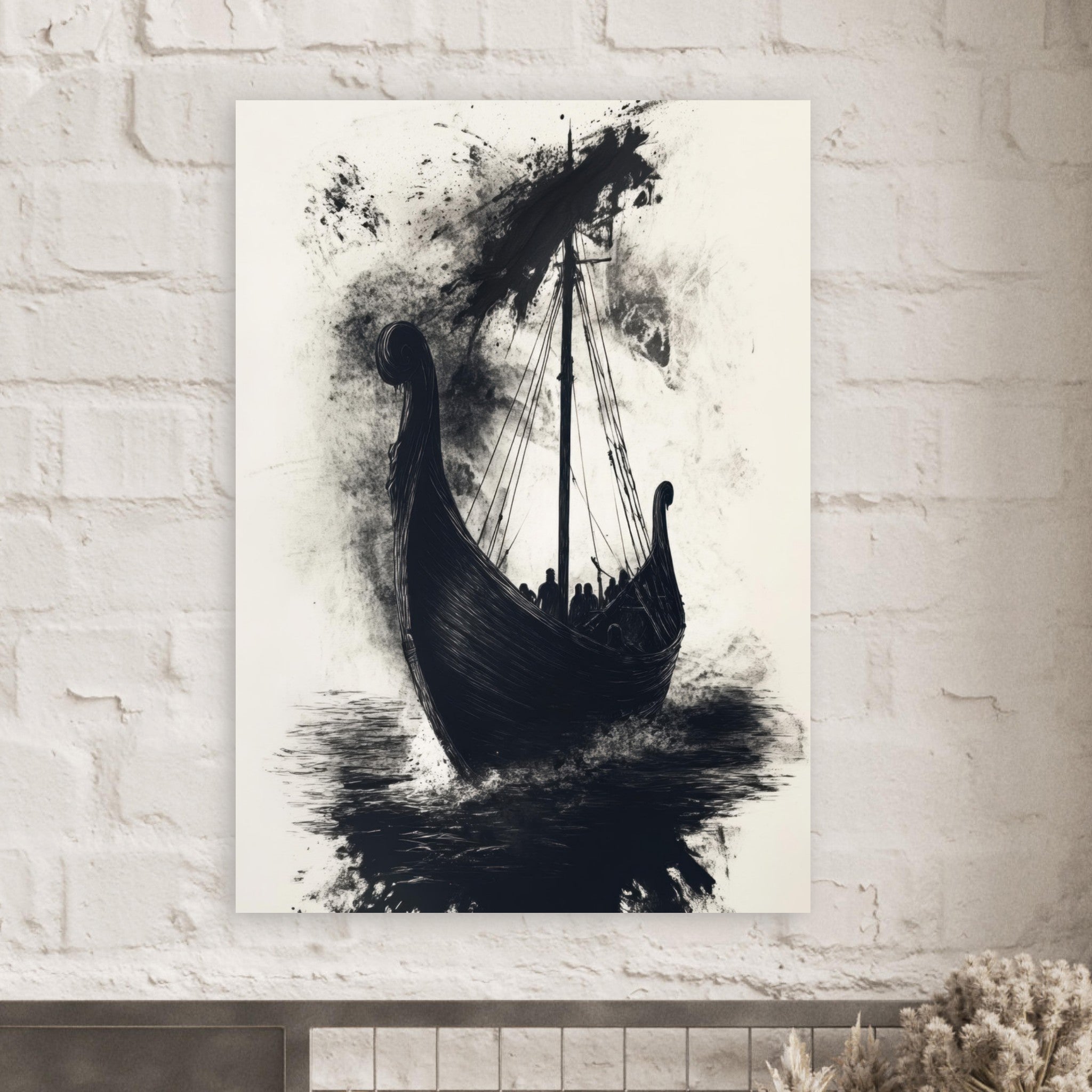 Fine Art Poster Portrait - The Ghostly Viking Longship Dark Nordic Ink Met 5 - Shop Ai Art WebShop - Digital Art online Store