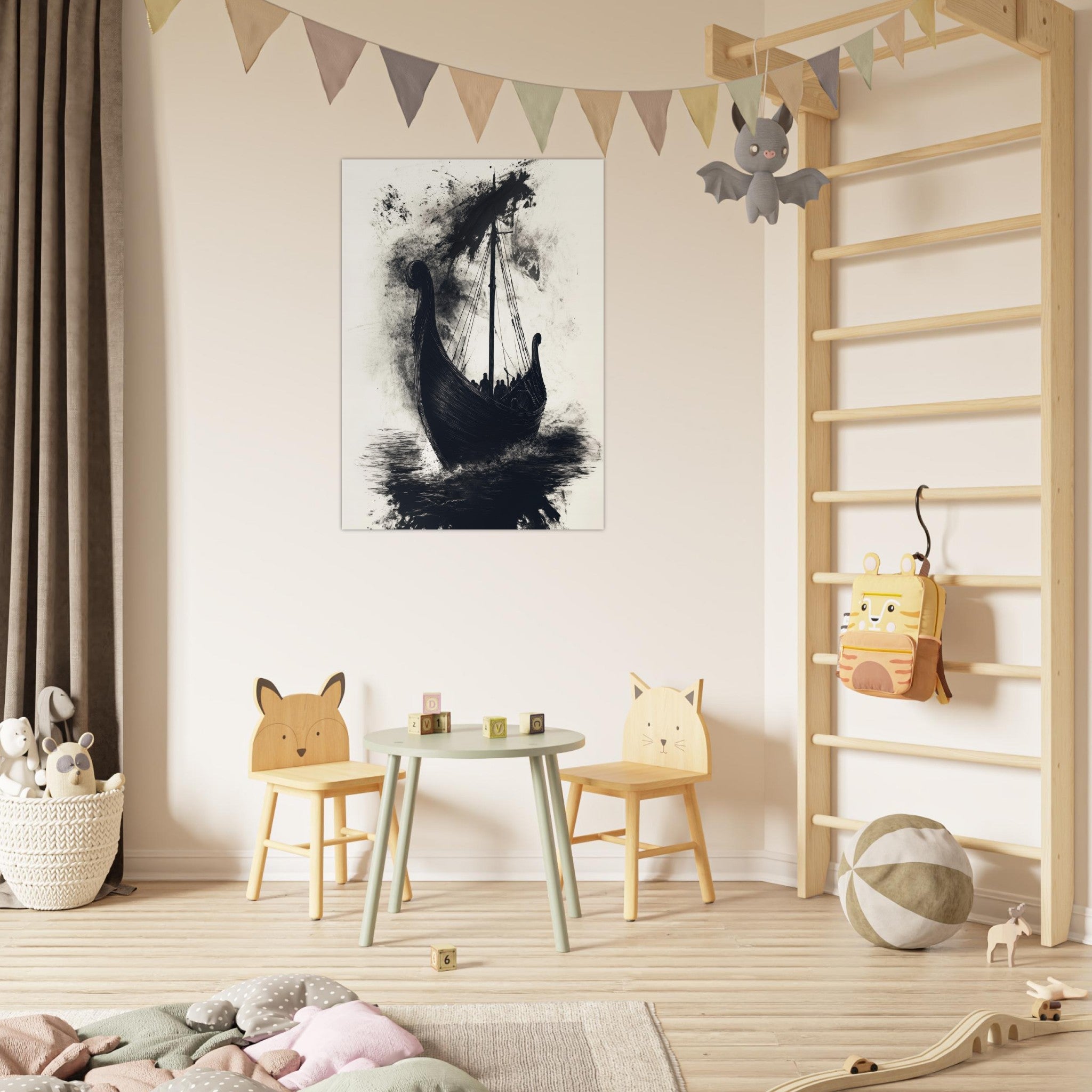 Fine Art Poster Portrait - The Ghostly Viking Longship Dark Nordic Ink Met 5 - Shop Ai Art WebShop - Digital Art online Store