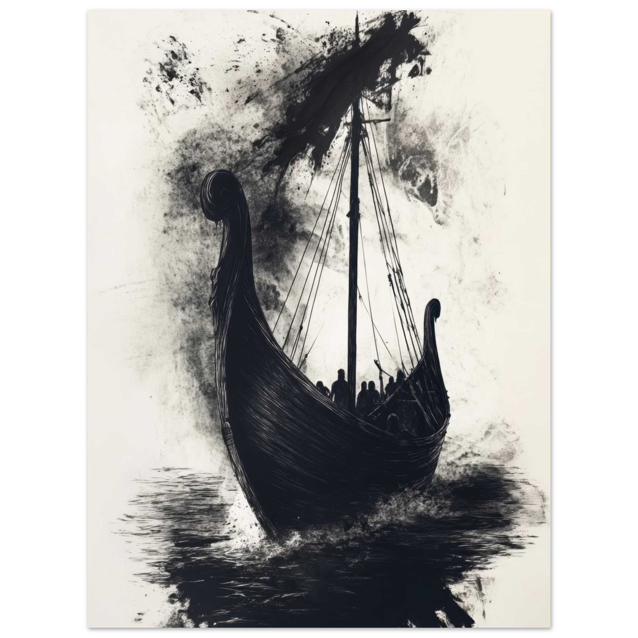 Fine Art Poster Portrait - The Ghostly Viking Longship Dark Nordic Ink Met 5 - Shop Ai Art WebShop - Digital Art online Store