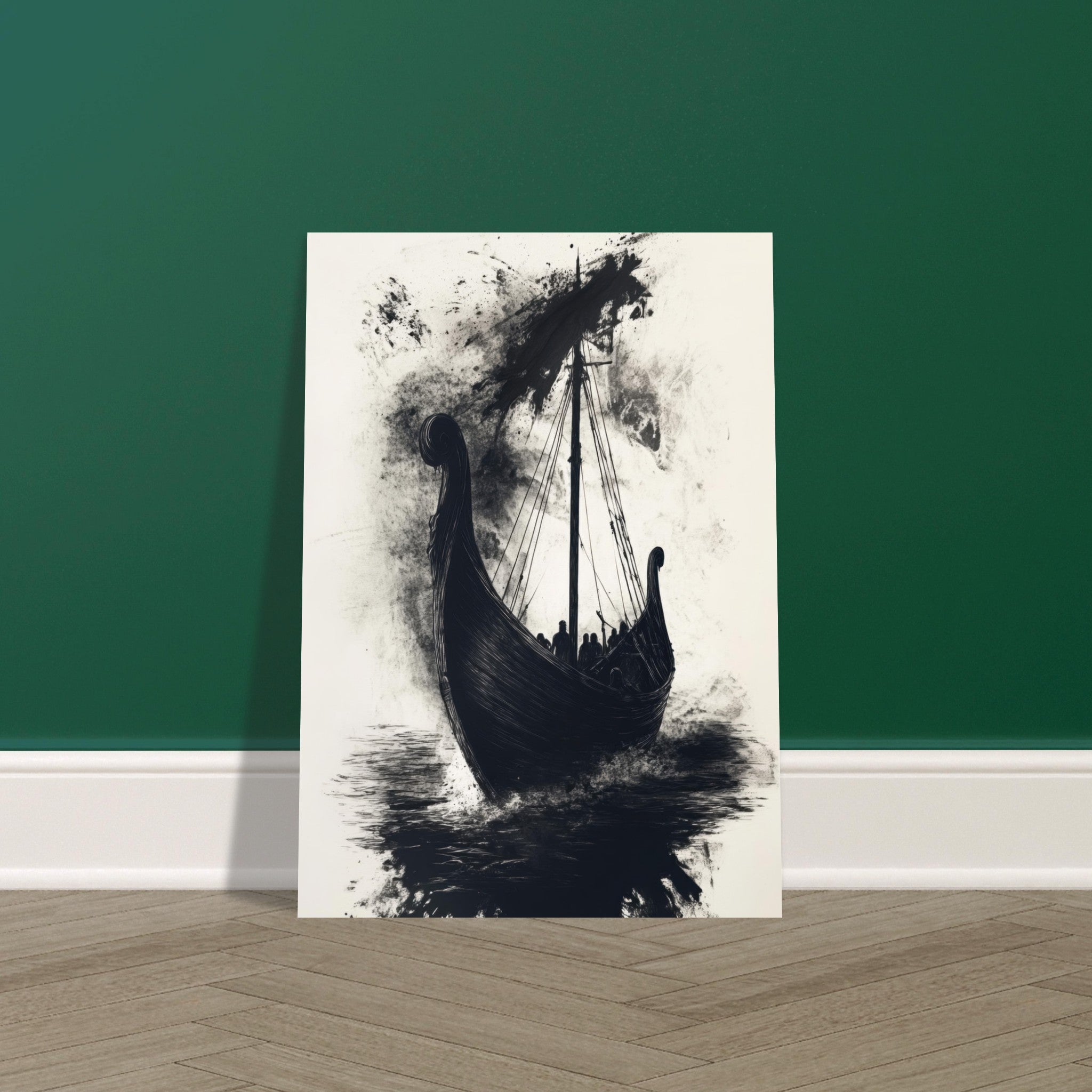 Fine Art Poster Portrait - The Ghostly Viking Longship Dark Nordic Ink Met 5 - Shop Ai Art WebShop - Digital Art online Store