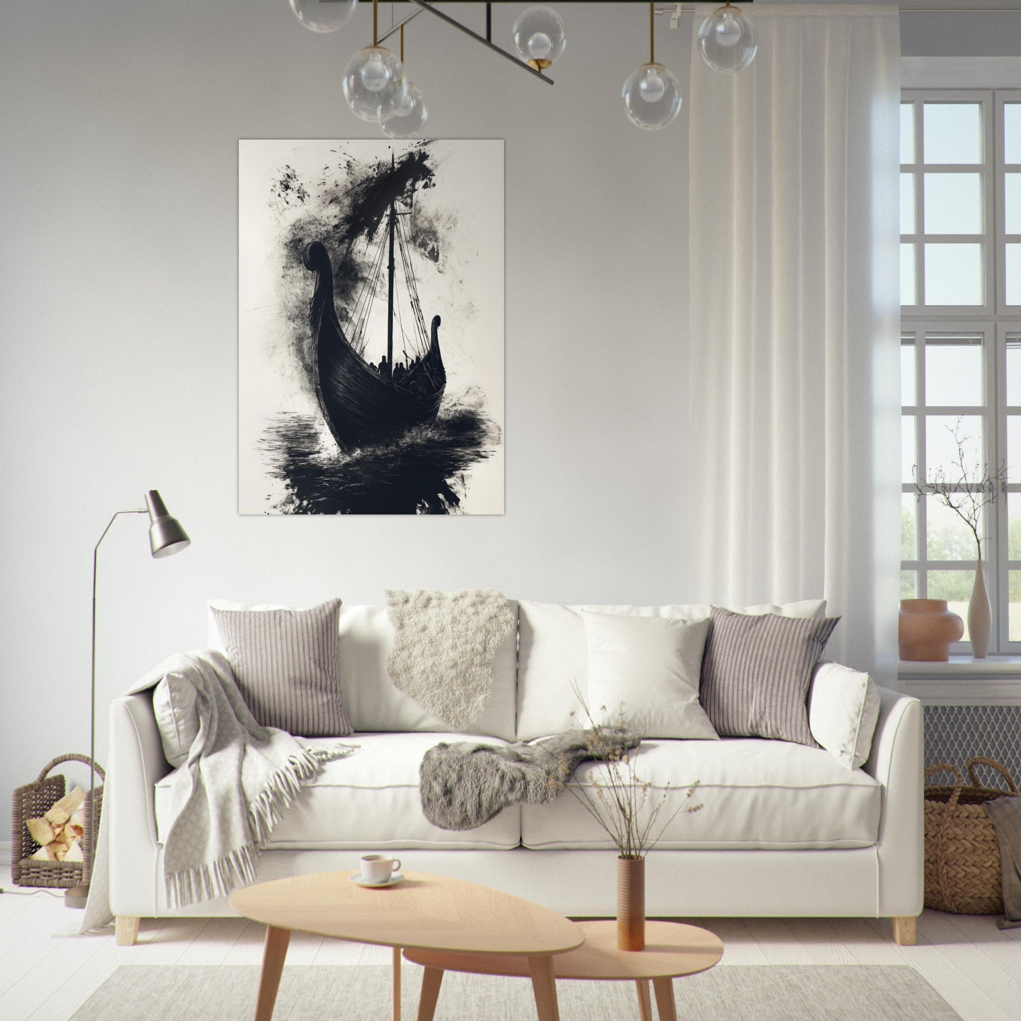 Fine Art Poster Portrait - The Ghostly Viking Longship Dark Nordic Ink Met 5 - Shop Ai Art WebShop - Digital Art online Store