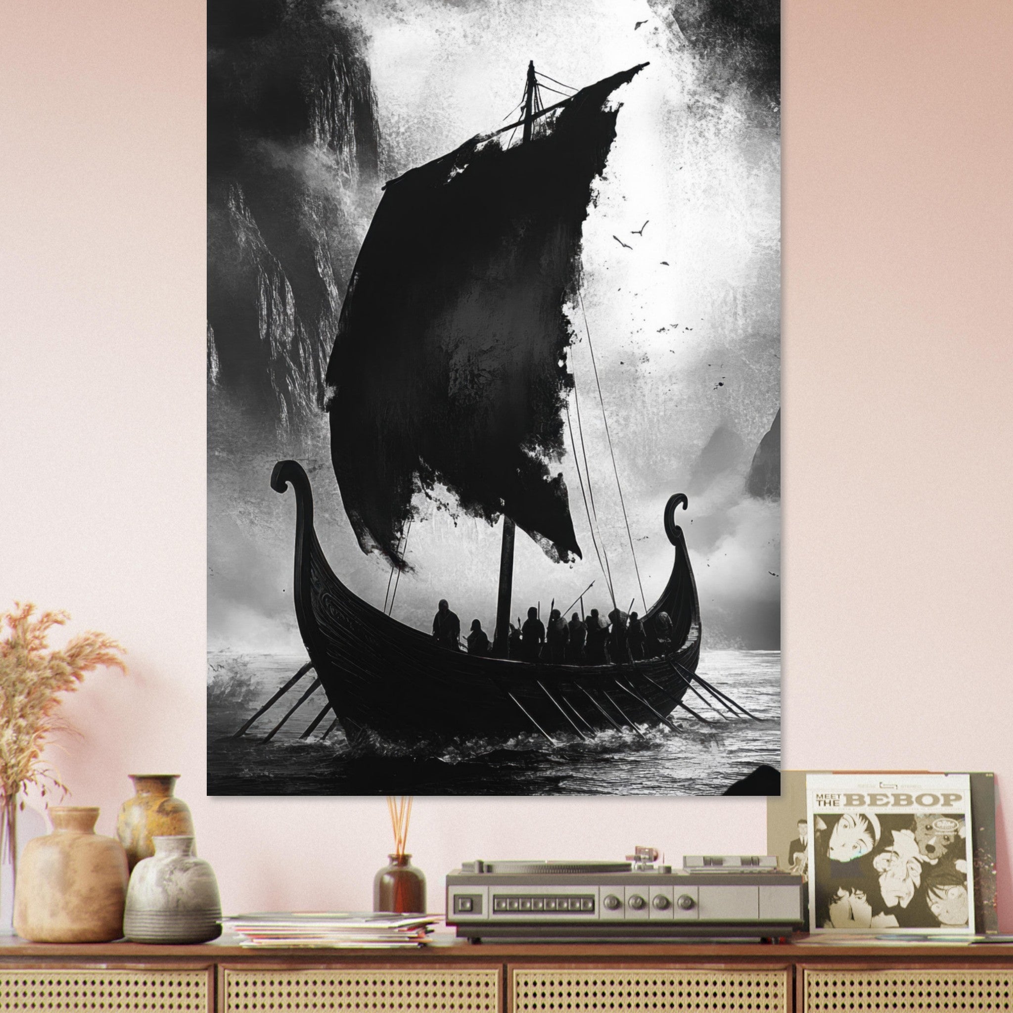 Fine Art Poster Portrait - The Ghostly Viking Longship Dark Nordic Ink Met - Shop Ai Art WebShop - Digital Art online Store