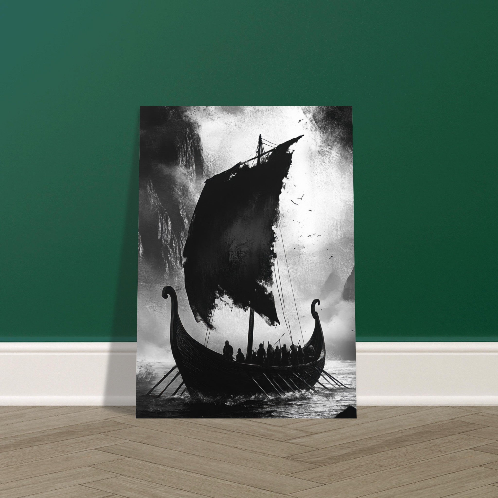 Fine Art Poster Portrait - The Ghostly Viking Longship Dark Nordic Ink Met - Shop Ai Art WebShop - Digital Art online Store