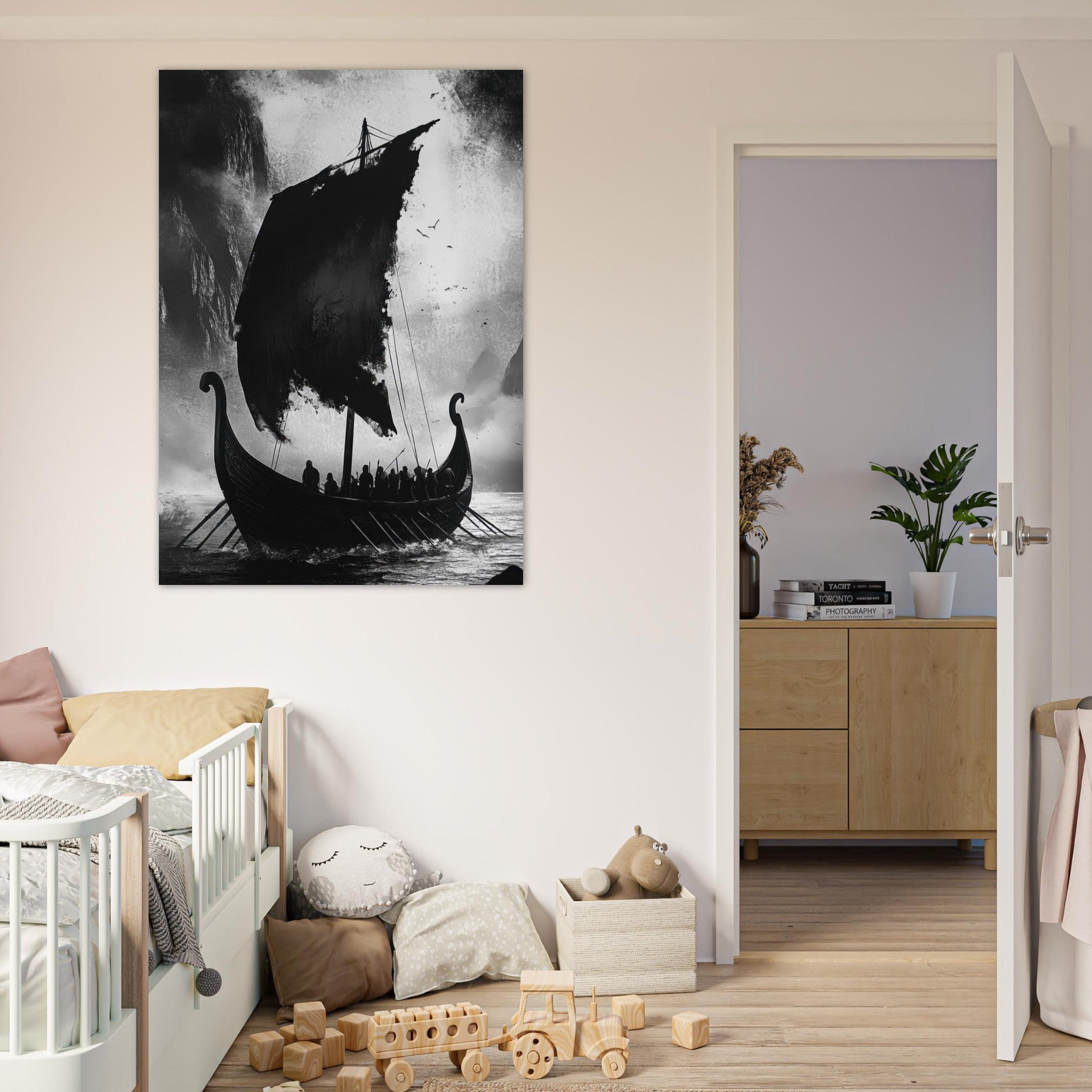 Fine Art Poster Portrait - The Ghostly Viking Longship Dark Nordic Ink Met - Shop Ai Art WebShop - Digital Art online Store