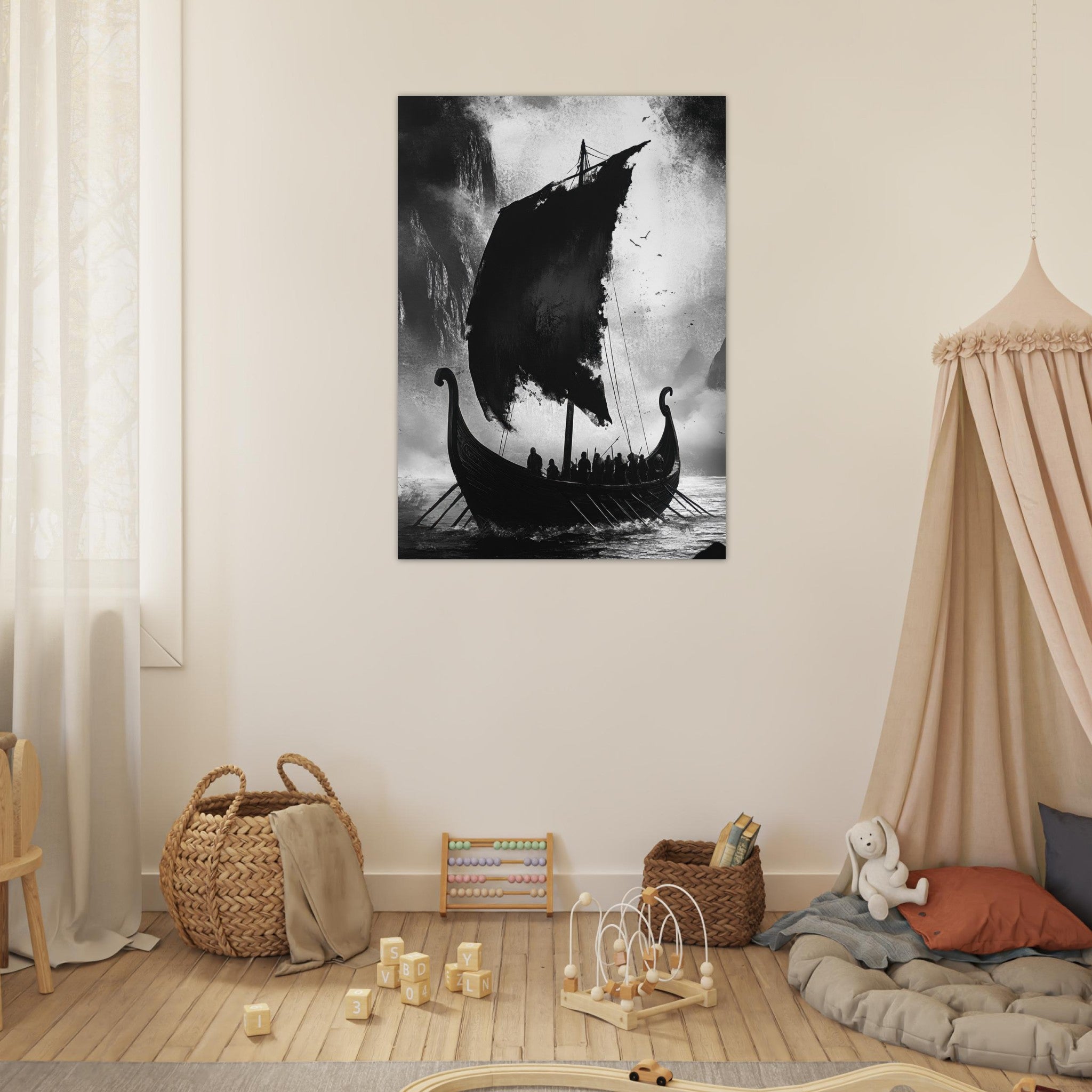 Fine Art Poster Portrait - The Ghostly Viking Longship Dark Nordic Ink Met - Shop Ai Art WebShop - Digital Art online Store