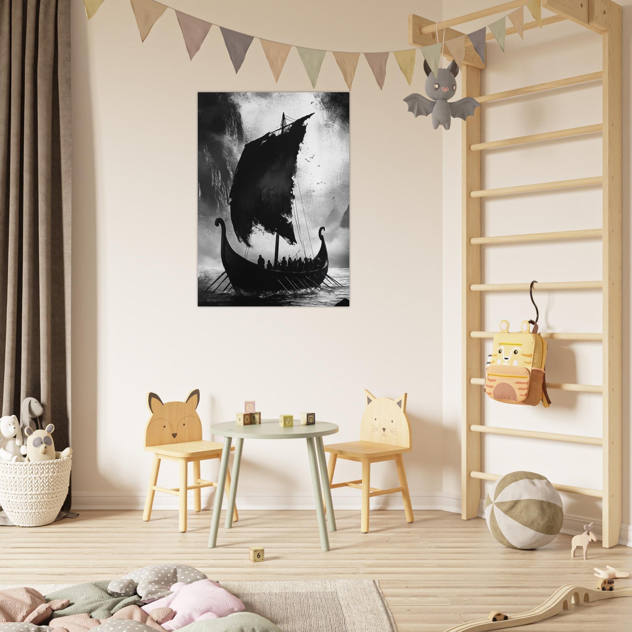 Fine Art Poster Portrait - The Ghostly Viking Longship Dark Nordic Ink Met - Shop Ai Art WebShop - Digital Art online Store