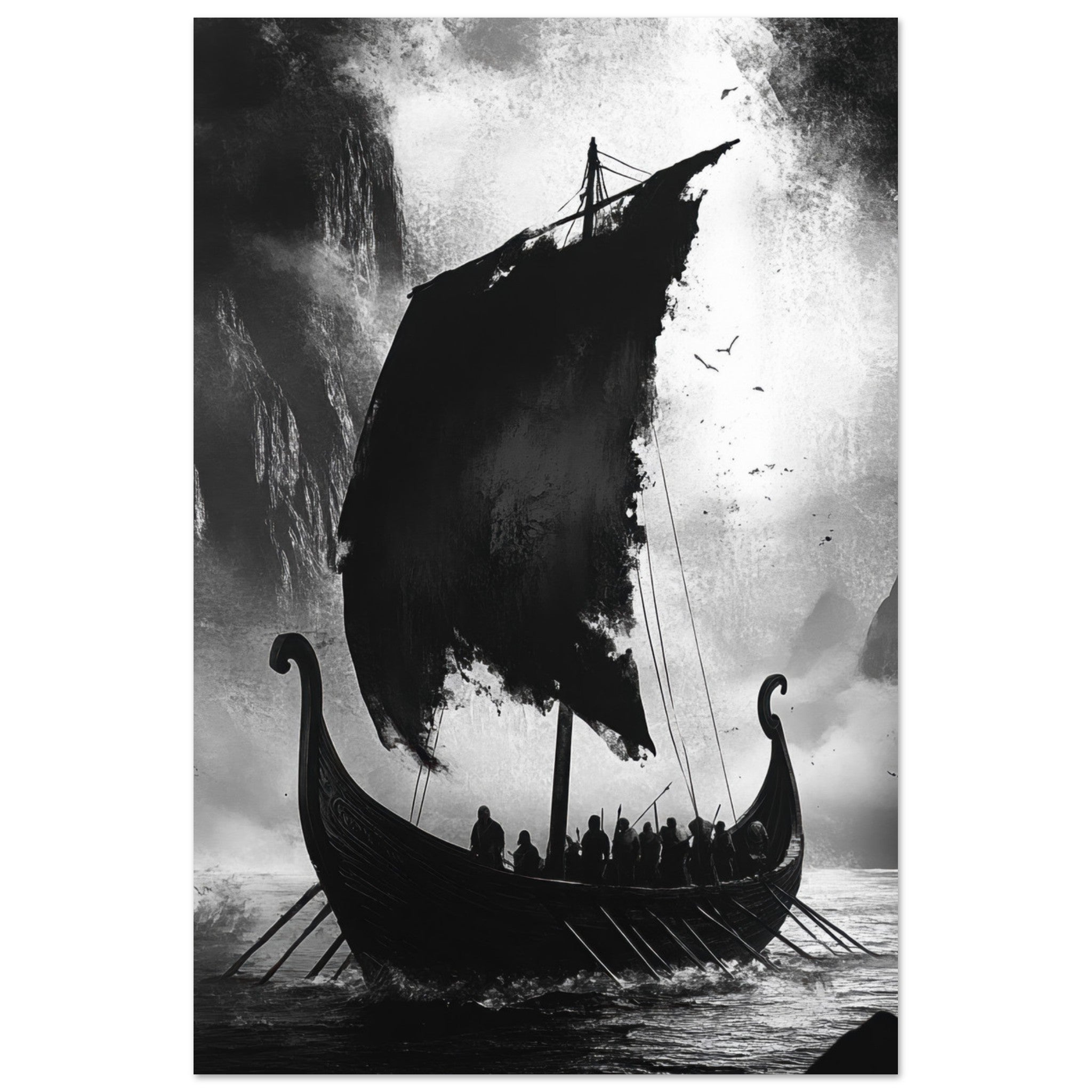 Fine Art Poster Portrait - The Ghostly Viking Longship Dark Nordic Ink Met - Shop Ai Art WebShop - Digital Art online Store